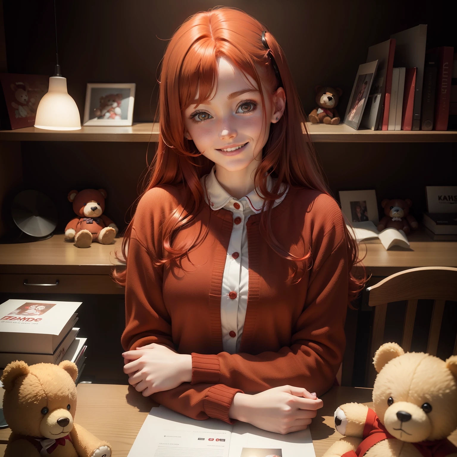 red-haired girl smiling, teddy bear on the table, advertising image, for advertising, free background, sitting on a chair, side light, camera from bottom to top, dark background, quality details of clothes, background blurred, children's toys in the foreground