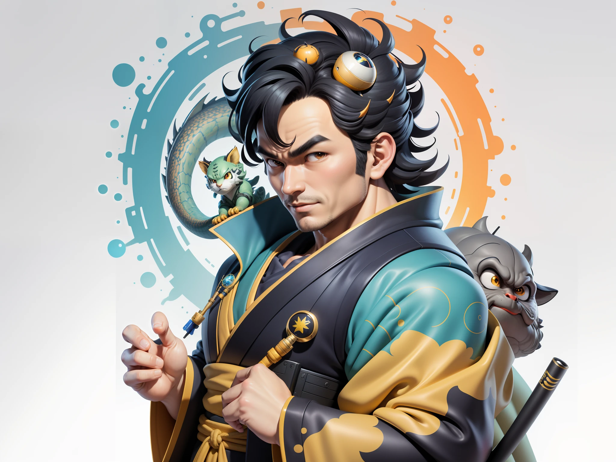 (Masterpiece), (Excellent), (Super Meticulous), (Full Body: 1.2), Super Young Man, Oriental Face, Japanese Kimono, Japanese Wind Thunder God, Dragon, Tiger, TV Anchor, Bust Portrait Illustration, Alone, Black Suit, Blue Tie, Slightly Chubby Face, Very Clean Face, No Beard, Black Super Short Hair, Black Eyes, Confident Smile, 3c Computer Sub-Products, iPad, iPhone, Digital Painting, 3D Character Design by Akira Toriyama and Mark Claireden and Pixar and Hayao Miyazaki, The illustration is a high-definition illustration in 4K resolution with very detailed facial features and cartoon-style visuals.