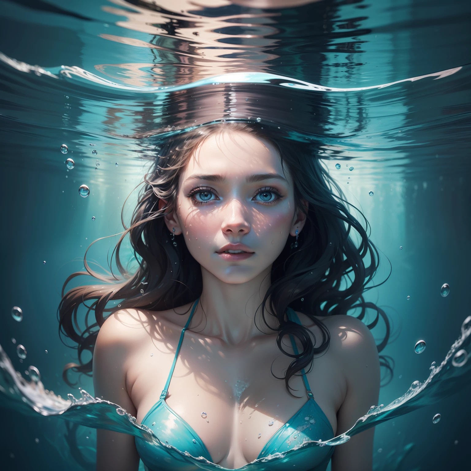 Painting of a woman underwater, imerso, Portrait of a woman underwater, oil painting a bigger splash, Detailed oil on canvas, floating under the water, underwater face, acrylic and oil painting, emerging from the water, submerged in water, surreal oil on canvas, Directed by: Whitney Sherman, Mystic oil on linen, autor:Maria de Ostwejk, underwater view