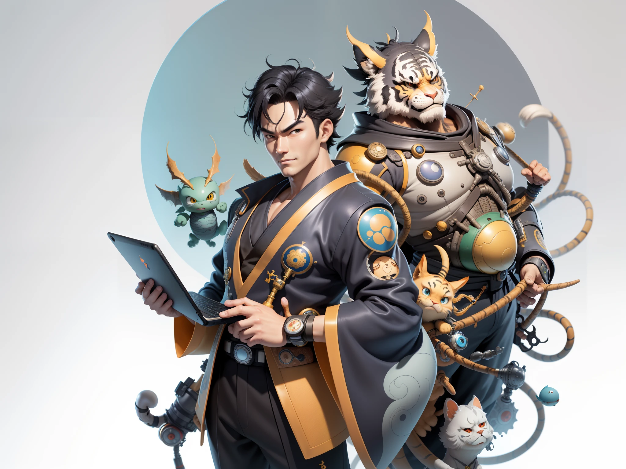(Masterpiece), (Excellent), (Super Meticulous), (Full Body: 1.2), Super Young Man, Oriental Face, Japanese Kimono, Japanese Wind Thunder God, Dragon, Tiger, TV Anchor, Bust Portrait Illustration, Alone, Black Suit, Blue Tie, Slightly Chubby Face, Very Clean Face, No Beard, Black Super Short Hair, Black Eyes, Confident Smile, 3c Computer Sub-Products, iPad, iPhone, Digital Painting, 3D Character Design by Akira Toriyama and Mark Claireden and Pixar and Hayao Miyazaki, The illustration is a high-definition illustration in 4K resolution with very detailed facial features and cartoon-style visuals.