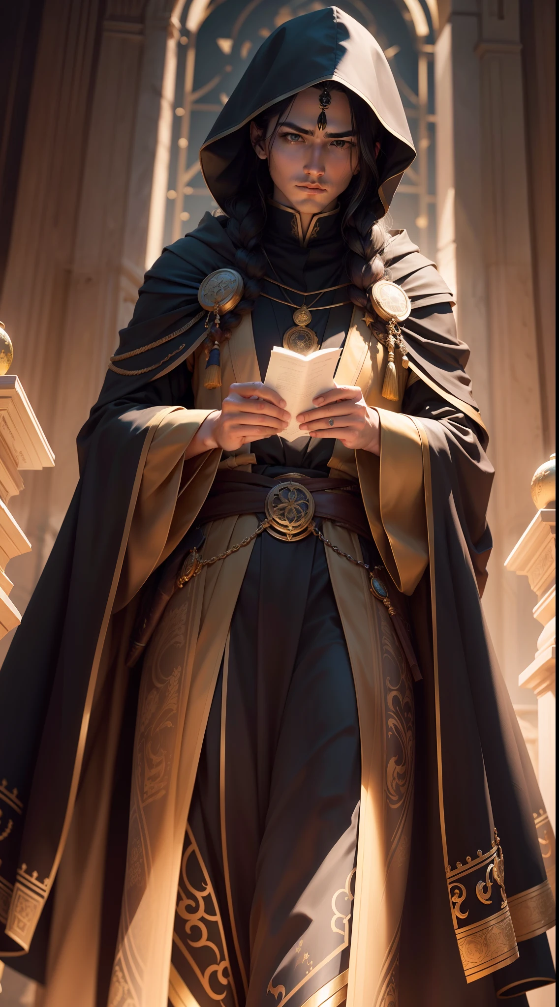 NFT 4 - "Encoded Infinite Sage":
Craft an NFT portraying a scholarly superhero shrouded in an air of mystery, with interwoven shades of yellow and black. Meticulous details should be incorporated into their attire and accessories, conveying the notion that they decipher cosmic codes. The image should evoke the sense that the hero can unlock the universe's deepest secrets through an unwavering quest for knowledge.