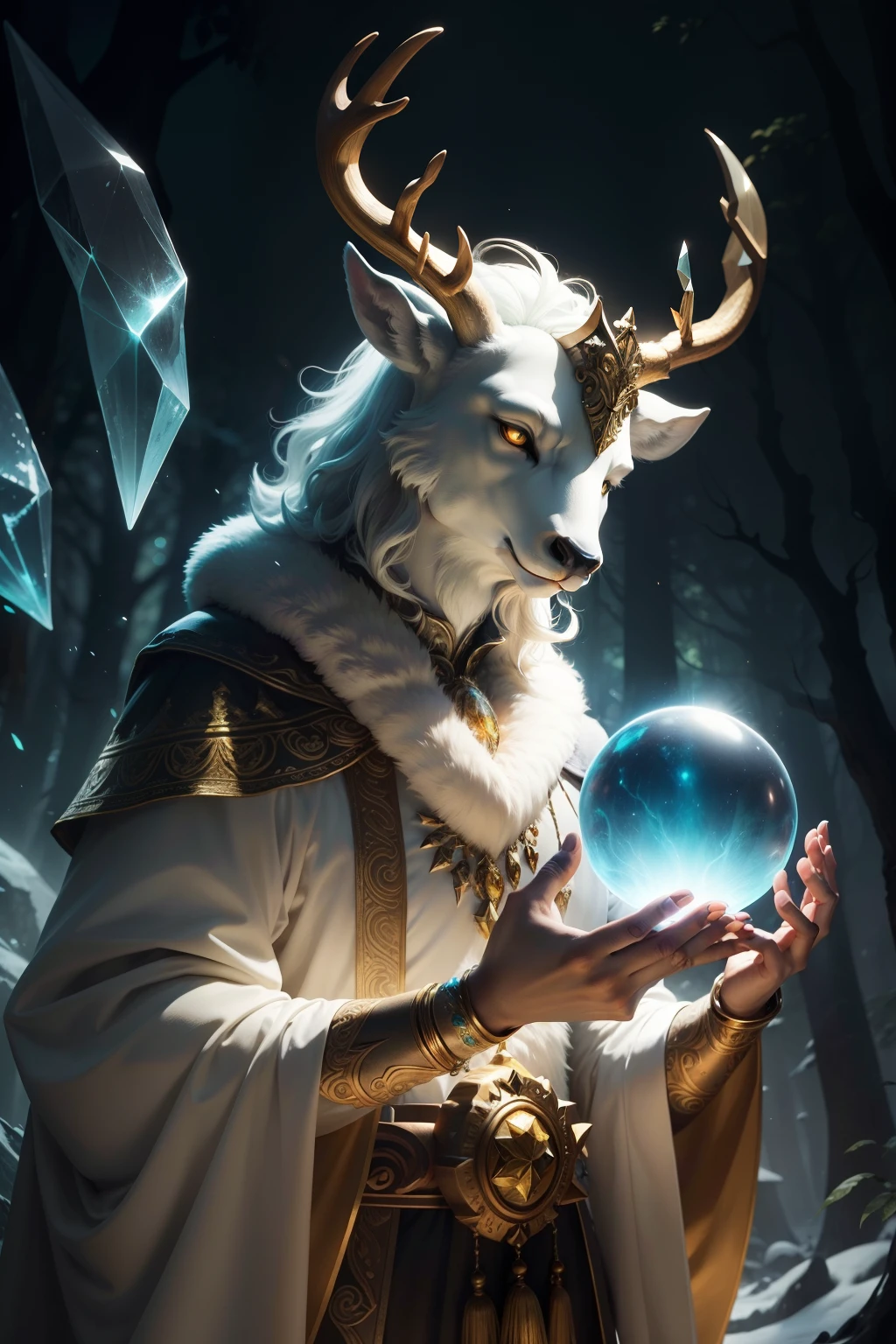 A deer-headed human with big horn surreal guardian of the forest, holding a glowing crystal orb in his hands with dynamic posture, radiating mystical energy to protect a magical realm