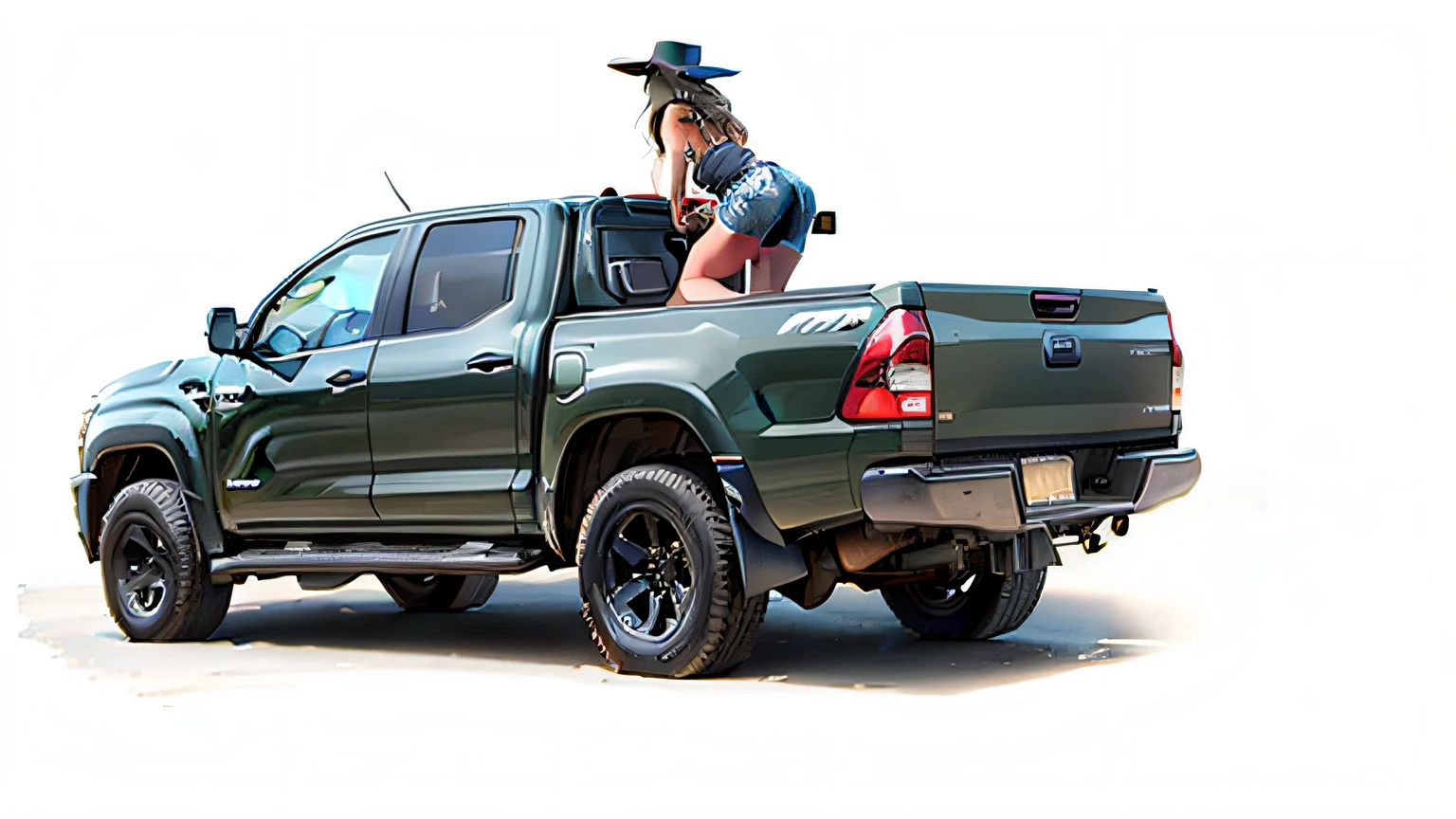 WOMAN ON TOP OF A PICKUP TRUCK DANCING BRAZILIAN FUNK IN THE BODY, THE WOMAN IS A COWGIRL, USA ROUPAS SERTANEJAS, ULTRA REALISTA COM GRAFICOS REAIS. THE PICKUP IS A TOYOTA HILUX WITH BLACK WINDOWS AND HAS A POWERFUL SOUND.