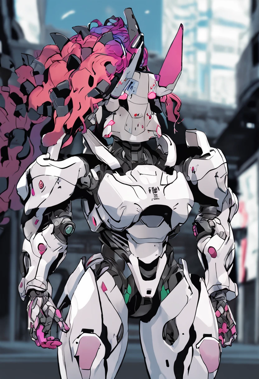 create an image of nesuko from demon slayer in a robotic exoskeleton with large muscles that looks like gundam use the colors of her outfit in the shows and her real head