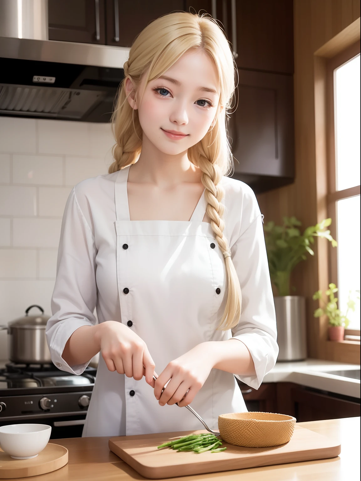 Cooking、girl with、25-years old、a blond、Braids、Gentle smile、Large and bright kitchen、Smells good、A soft breeze comes in