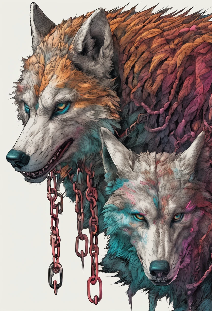 two-headed mytological wolf held together by chains, realistic
