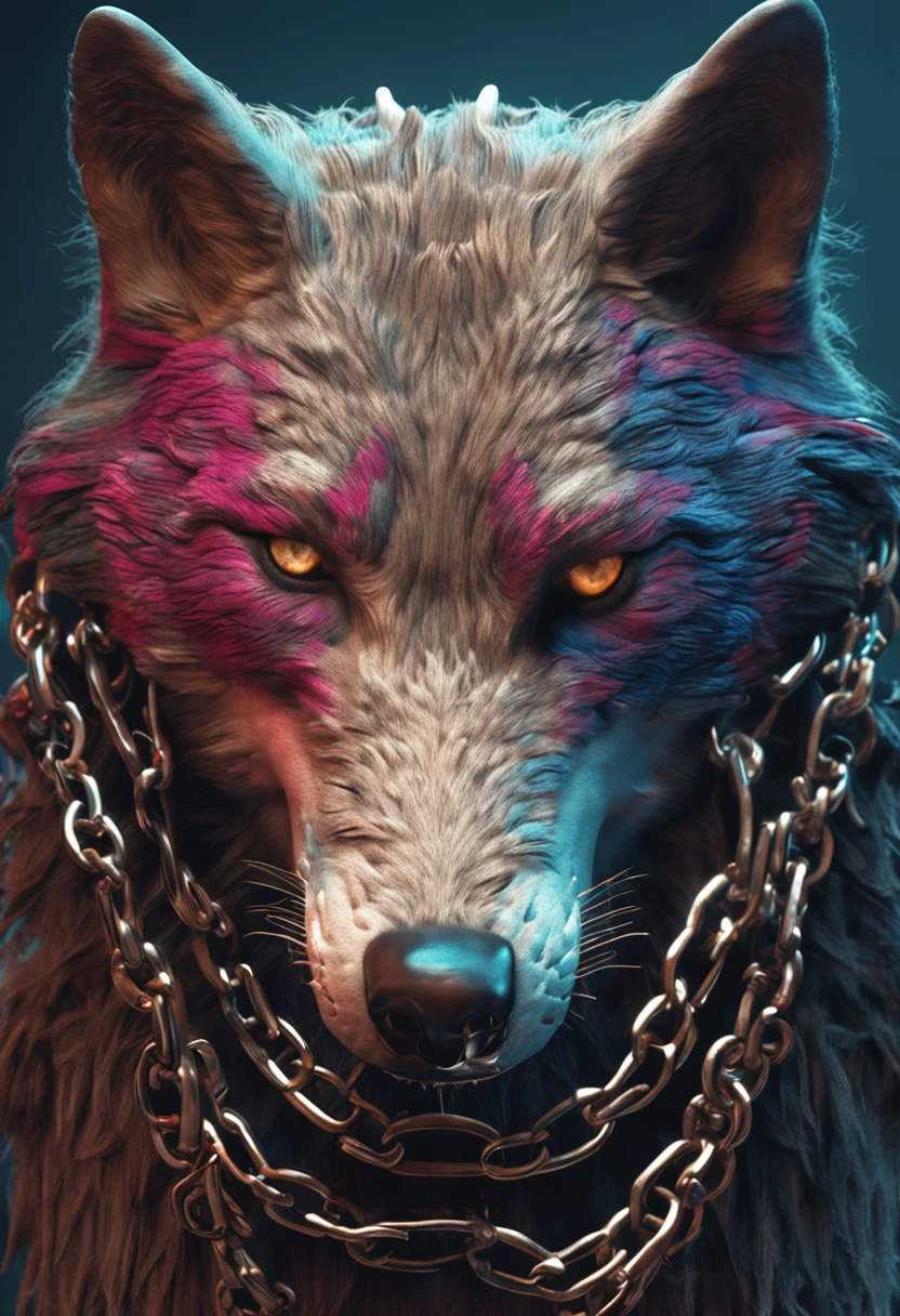 two-headed mytological wolf held together by chains, realistic
