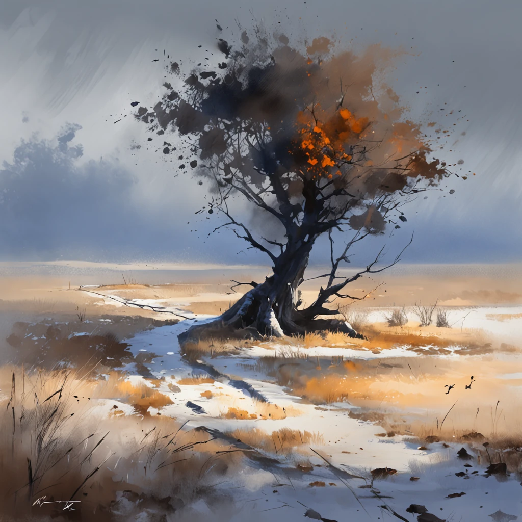 Two crows on a dead tree, A shadow shaped like a walker, Starry night, Thick fog on the ground, Blue light on the horizon, Unreal Engine 5, Cinematic, low angle photography, Motion blur, Depth of field, Dust, Cobblestones and dirt. Splash Art, dripping paint. Perfect color grading. Influenced by Karel Appel and Jeremy Mann, Full of dramatic and threatening scenes, Hyper-detailed, Beautiful, insanely details, Intricate details, editorial photography, shot with a 50mm lens, Depth of field, Tilt Blur, Shutter speed 1/1000, f/22. Lightmaps, Super bright
