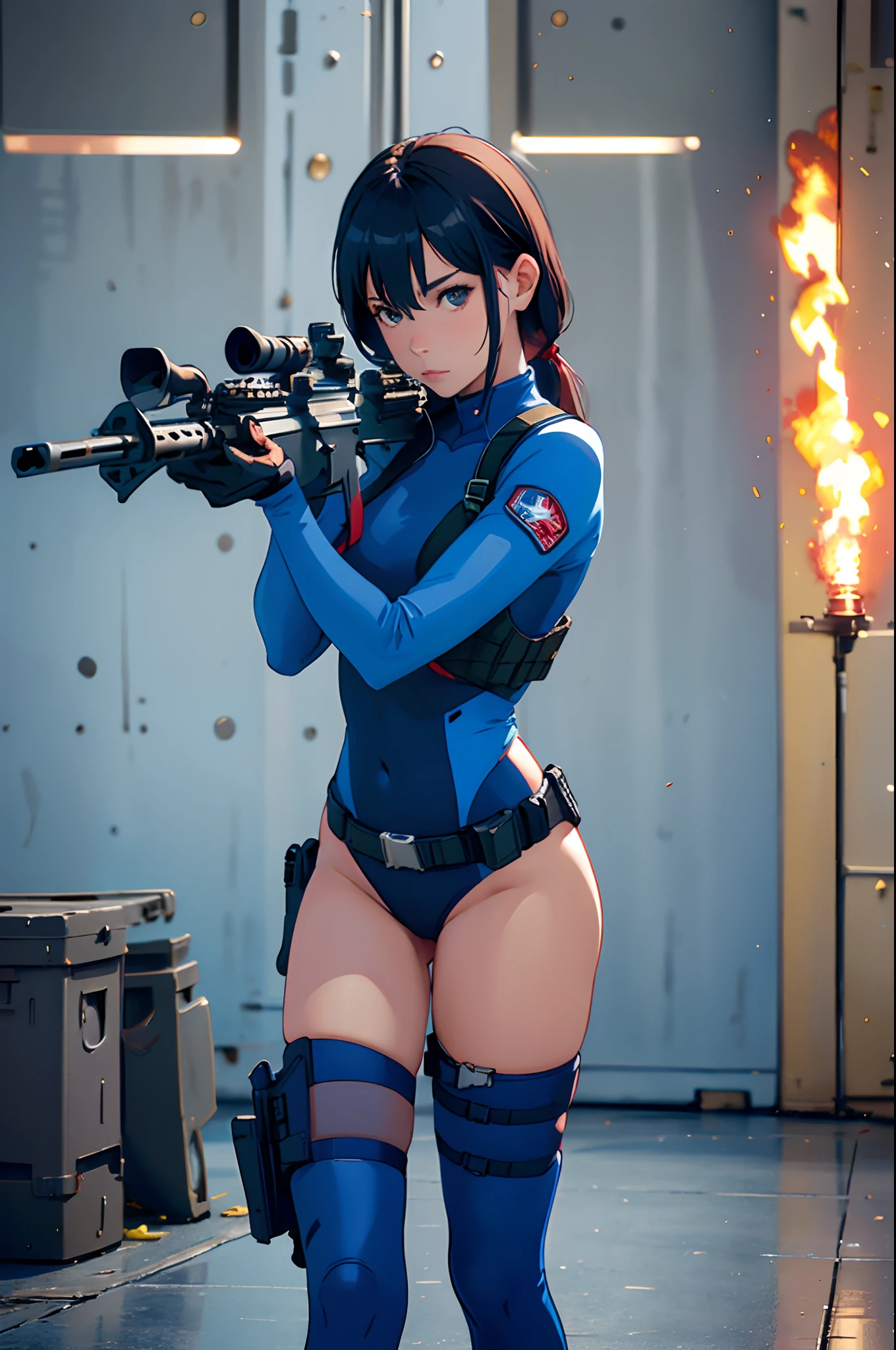 canadian female, solo, age 22, (dark blue skintight bodysuit), (red leotard), full body, cowboy shot, (holding and aiming weapon, m4 carbine), realistic, shoulder holster, firing range backdrop