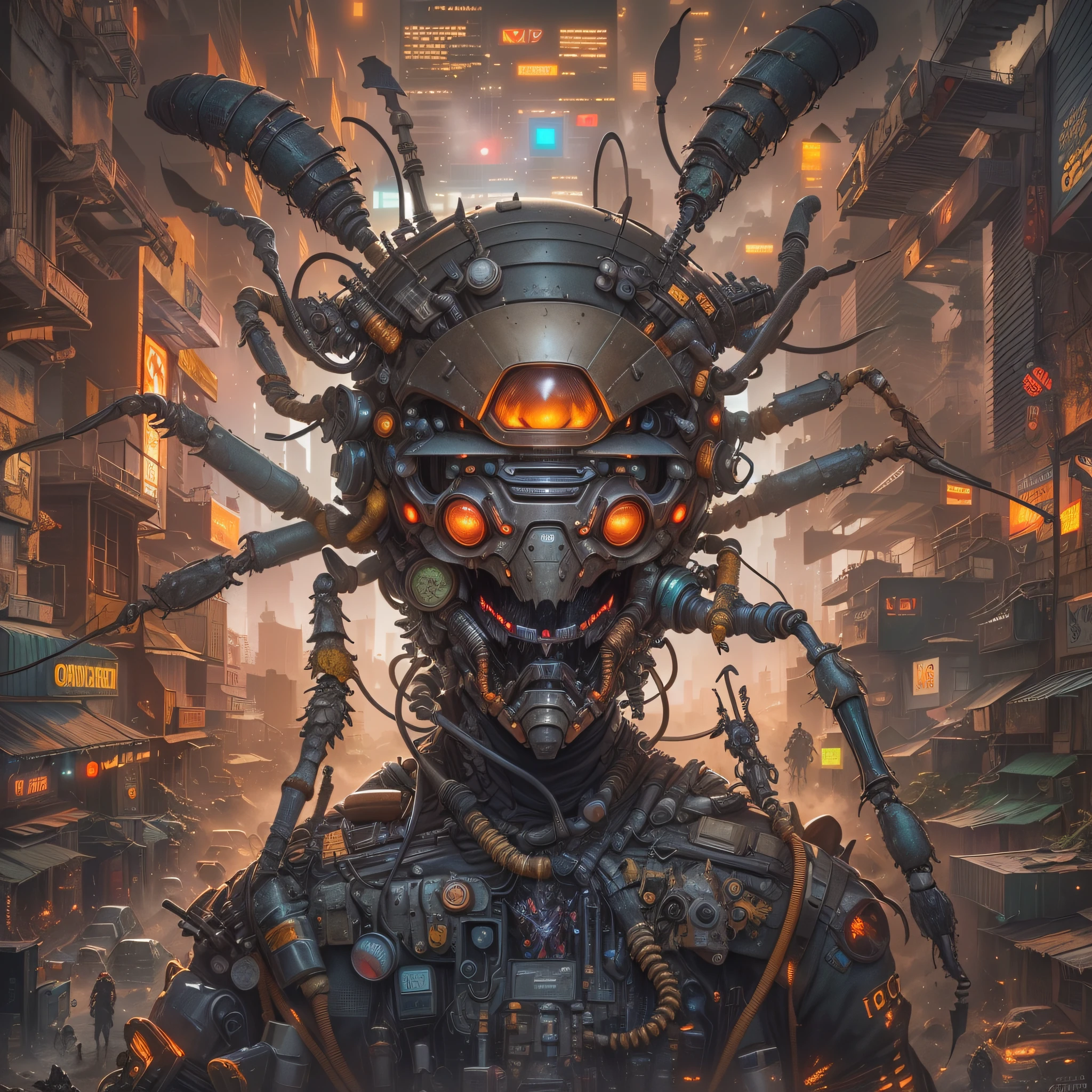 Nesta cena de arte digital, A cyberpunk ant erupts in all its metallic, electronic glory, imbued with a modern Mad Max spirit. The mechanized ant lies atop a cluster of cables and technological pieces in a post-apocalyptic setting, where debris from a bygone era is rethought in a futuristic aesthetic. The center of attention is undeniably the Ant., whose gaze fixed on the camera conveys an indomitable presence, perfeitamente inserida nesse novo mundo fragmentado.
Intensely saturated colors reverberate with a cybernetic energy, and every detail is meticulously carved, bringing to life the spirit of Mad Max in conjunction with the stylization of the ant. The insect's body is a mosaic of complex patterns, where each section is a canvas for the creative interpretation of this dystopian union.
The ant's head, a hybrid of mechanical components and elements from the cyberpunk universe, It houses sharp jaws and sparkling eyes that seem to capture the very essence of vigilance. The realism of the image is impressive, mergulhando o espectador em uma realidade transformada, where metal glows in tune with the insurrectionary spirit of the ant.
The backdrop is a symphony of hazy lights and cybernetic engineering, merging with the cybernetic ant and evoking a complex link between mechanization and previous nature. Each pixel of the image celebrates the fusion of the old and the new, onde a formiga, uma humilde criatura, reemerges as an icon of technological resistance.
Dessa forma, This digital artwork doesn't just bring to life a metamorphosed ant, but it also pays homage to the essence of Mad Max in the modern, digital context, resultando em uma narrativa visual que transcende a barreira entre a familiaridade e a vanguarda.