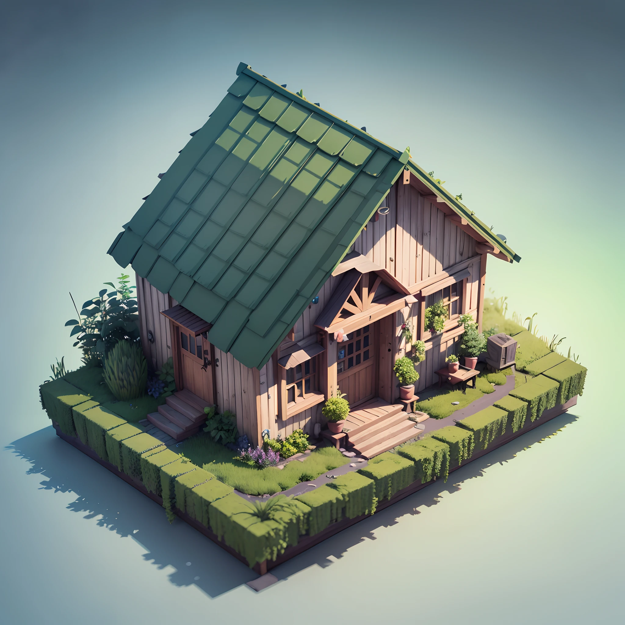 sometric city, 8 modern buildings, pure white background, (isometric 3D), (masterpiece), (very detailed CG unity 8k wallpaper), (best quality), (best illustration), (best shadow), a cute, mossy radish hut, and two big pineapple trees, octane rendering, ray tracing, ultra-detailed