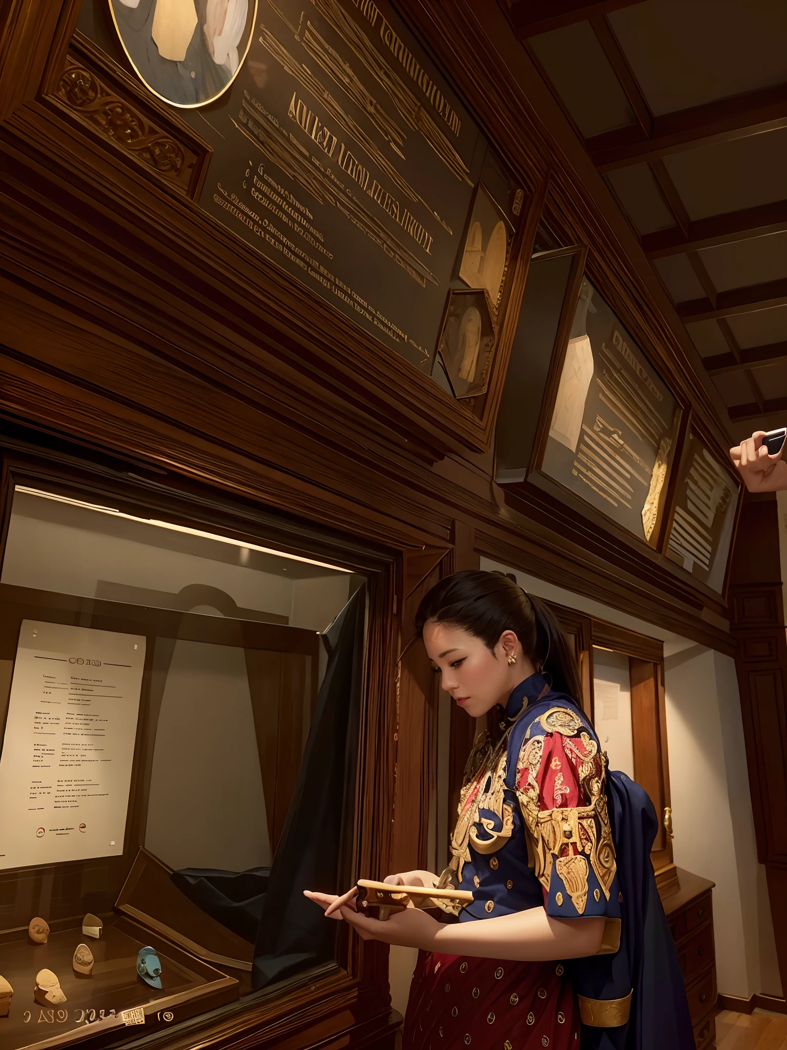 arafed woman looking at a display of artifacts in a museum, a poster, candid photograph, candid shot, random artist, 1128x191 resolution, taken in 2 0 2 0, leaked image, wonderful masterpiece, majestic masterpiece, displayed on the walls, clean image, in office, single portrait