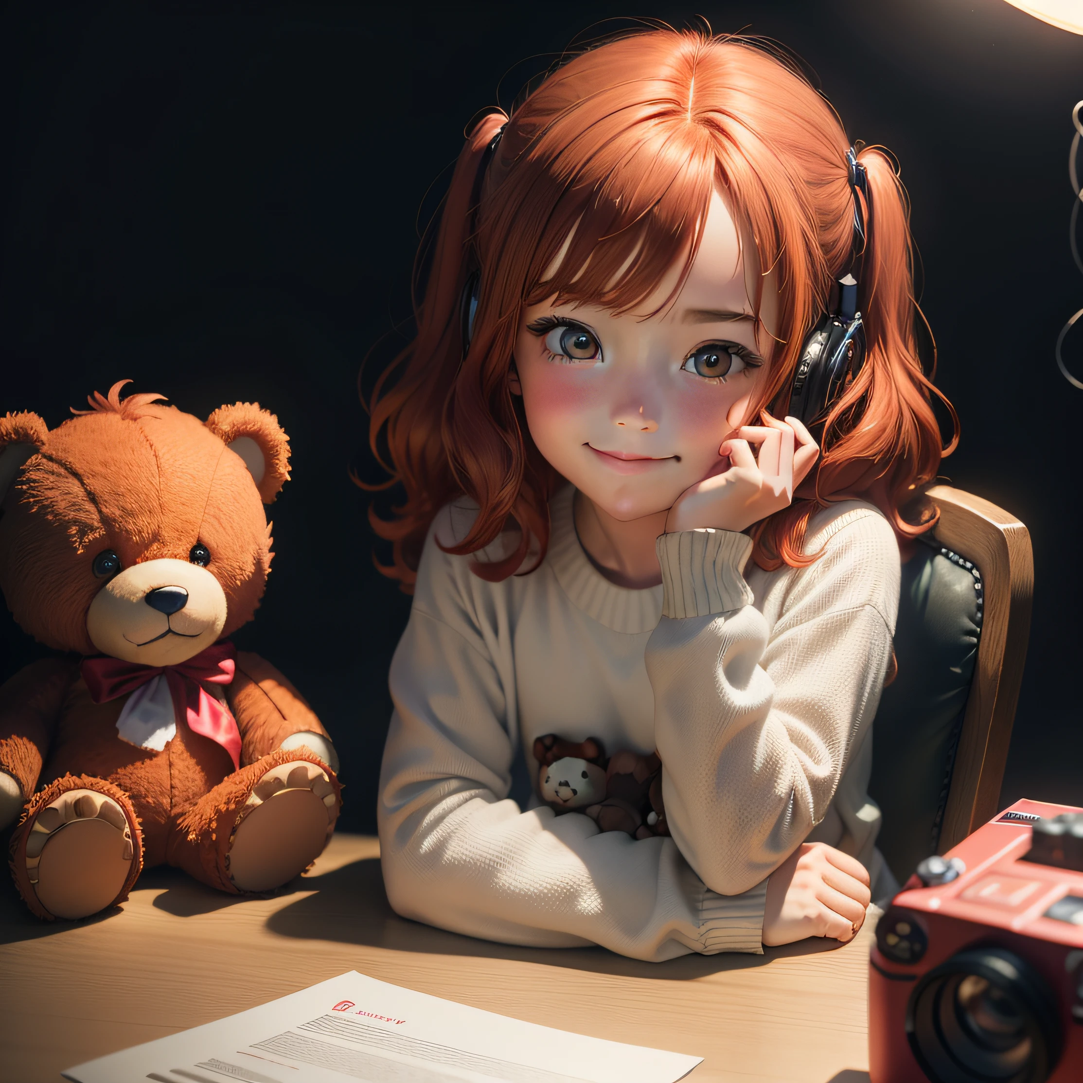 8K、RAW photo, Red-haired girl smiling, Teddy bear on the table, Promotional image, For advertising, background, sits on a chair, Side light, Bottom-up camera, Dark background, High-quality garment details, background blurred, Children's toys in the foreground