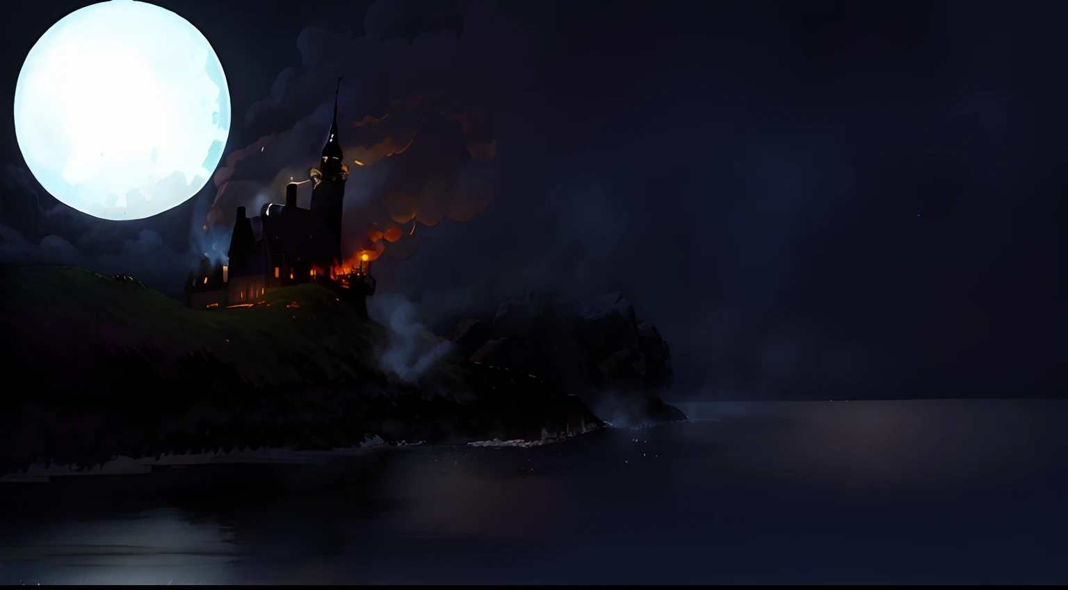 There is a boat with fire in the water, an ominous fantasy illustration, dark atmosphere illustration, arte de fundo, uivar\Castle on the move at night, nightmarish illustration, Background Story ( Escuro _ smoke billowing; ), fumegante, gothic ship in the ocean, Ilha da Caveira, dark castle setting, Twilight ; Pintura digital, Navios em chamas, arte conceitual acabada