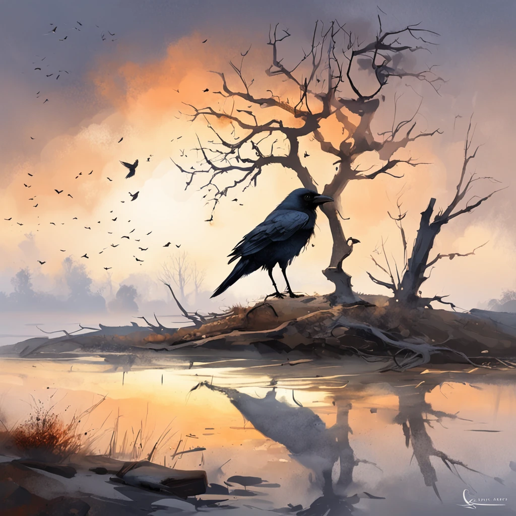 Two crows on a dead tree, A shadow shaped like a walker, Starry night, Thick fog on the ground, Blue light on the horizon, Unreal Engine 5, Cinematic, low angle photography, Motion blur, Depth of field, Dust, Cobblestones and dirt. Splash Art, dripping paint. Perfect color grading. Influenced by Karel Appel and Jeremy Mann, Full of dramatic and threatening scenes, Hyper-detailed, Beautiful, insanely details, Intricate details, editorial photography, shot with a 50mm lens, Depth of field, Tilt Blur, Shutter speed 1/1000, f/22. Lightmaps, Super bright, 2:3