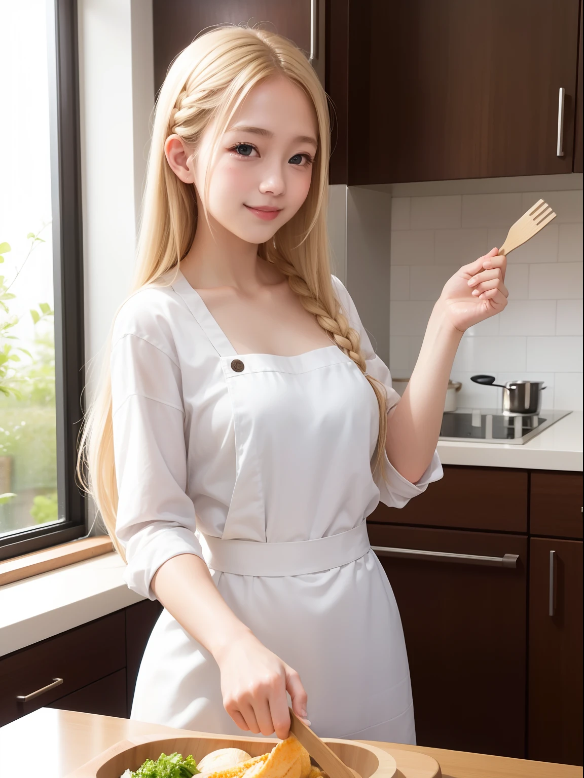a very cute blonde girl, naked, apron, sitting, raw photo