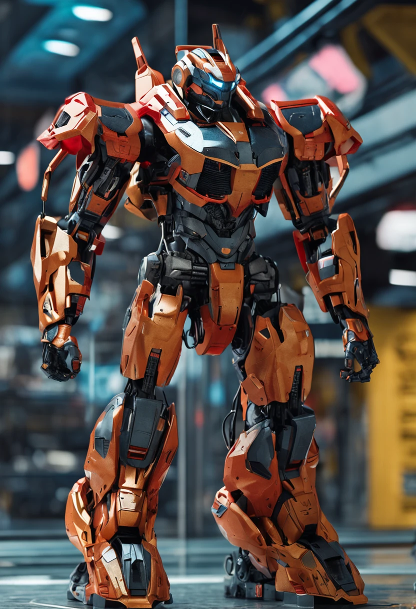 create an image of goku in a robotic exoskeleton with large muscles that looks like gundam use the colors of his outfit
