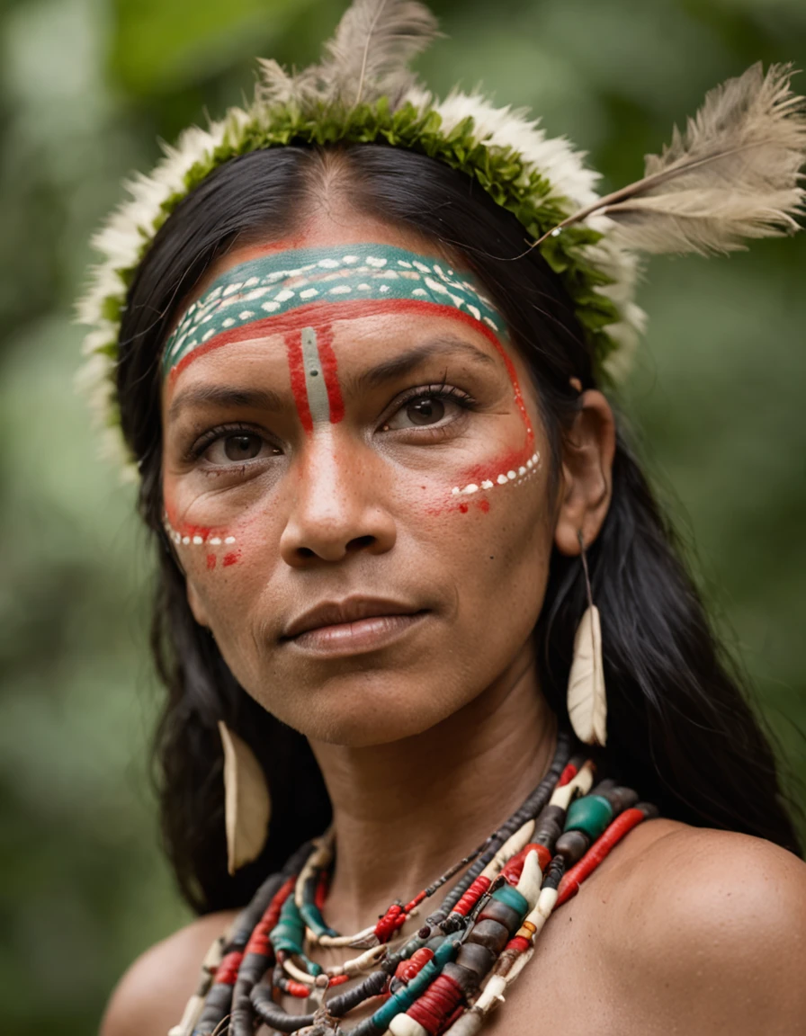 Extremely perfect cinematic hyperrealistic image of arafed woman with a feather headdress holding a wooden stick, amazon indian peoples in brazil, a young female shaman, beautiful young female shaman, Retrato da princesa asteca, pintura facial tribal, roupas tribais, uma bela mulher guerreira, she is dressed in shaman clothes, maquiagem tribal, atmosfera vermelha tribal, Nativo americano, pinturas tribais do rosto, ESTILO TRIBAL, Deusa guerreira asteca, 16k, highes definition, rosto detalhado, rosto detalhado, olhos detalhados, terno detalhado, estilo DC, hiper-realista, + Cinematographic shot + dynamic compositing, incrivelmente detalhado, nitidez, detalhes + detalhes soberbos + noite com luz + perfeccionismo + realismo premiado ((soft-lighting))