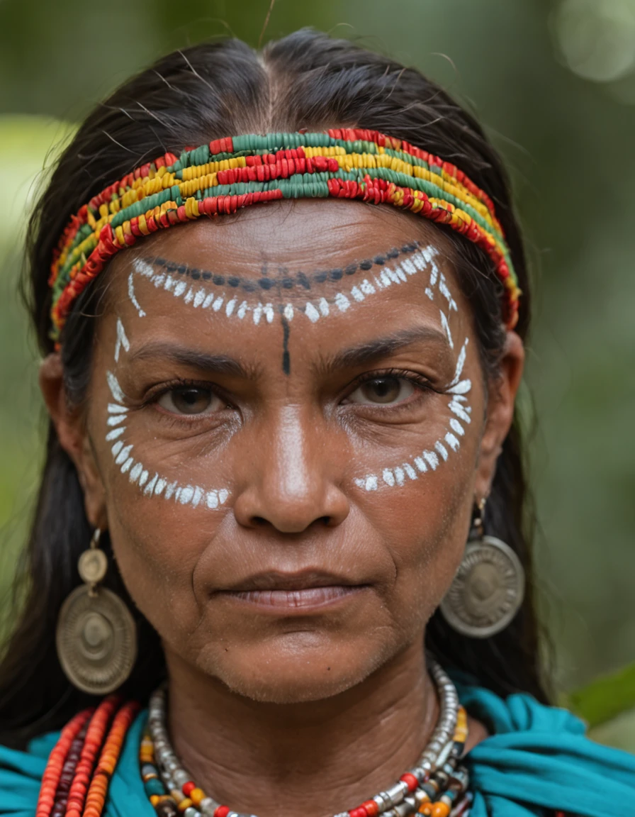 crie um retrato de uma mulher indigena, com fundo mostrando a selva amazonica