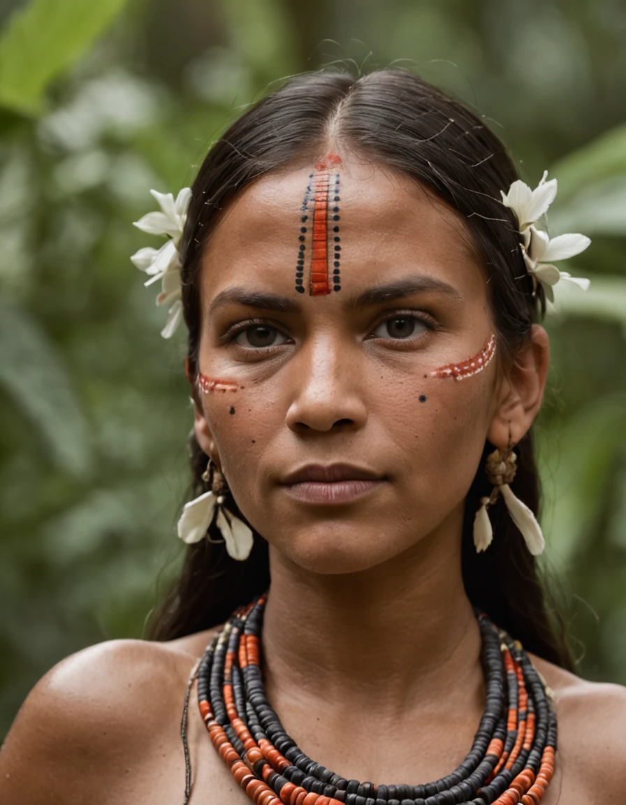 crie um retrato de uma mulher indigena, com fundo mostrando a selva amazonica