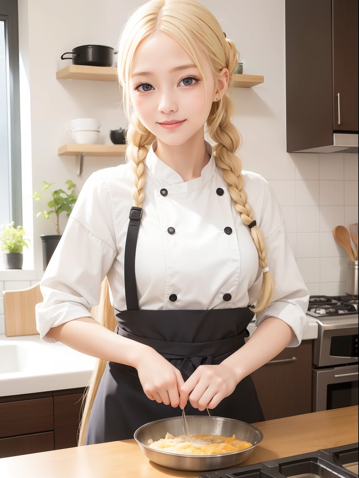 masuter piece, best qualtiy, ((Real Model Shots)), 8K picture quality, ((1 persons)), extremely delicate and beautiful, magnifica, Official art with attention to detail, (Cute girl at 18 years old), (Petite and pretty girl), (Nordic beauty), ((Perfect female figure)), large full breasts, Slim waist, big butts, Blonde hair, (((Cute long sleeve pastry chef clothes))), Whole cakes, atelier, Cake shop, ssmile,