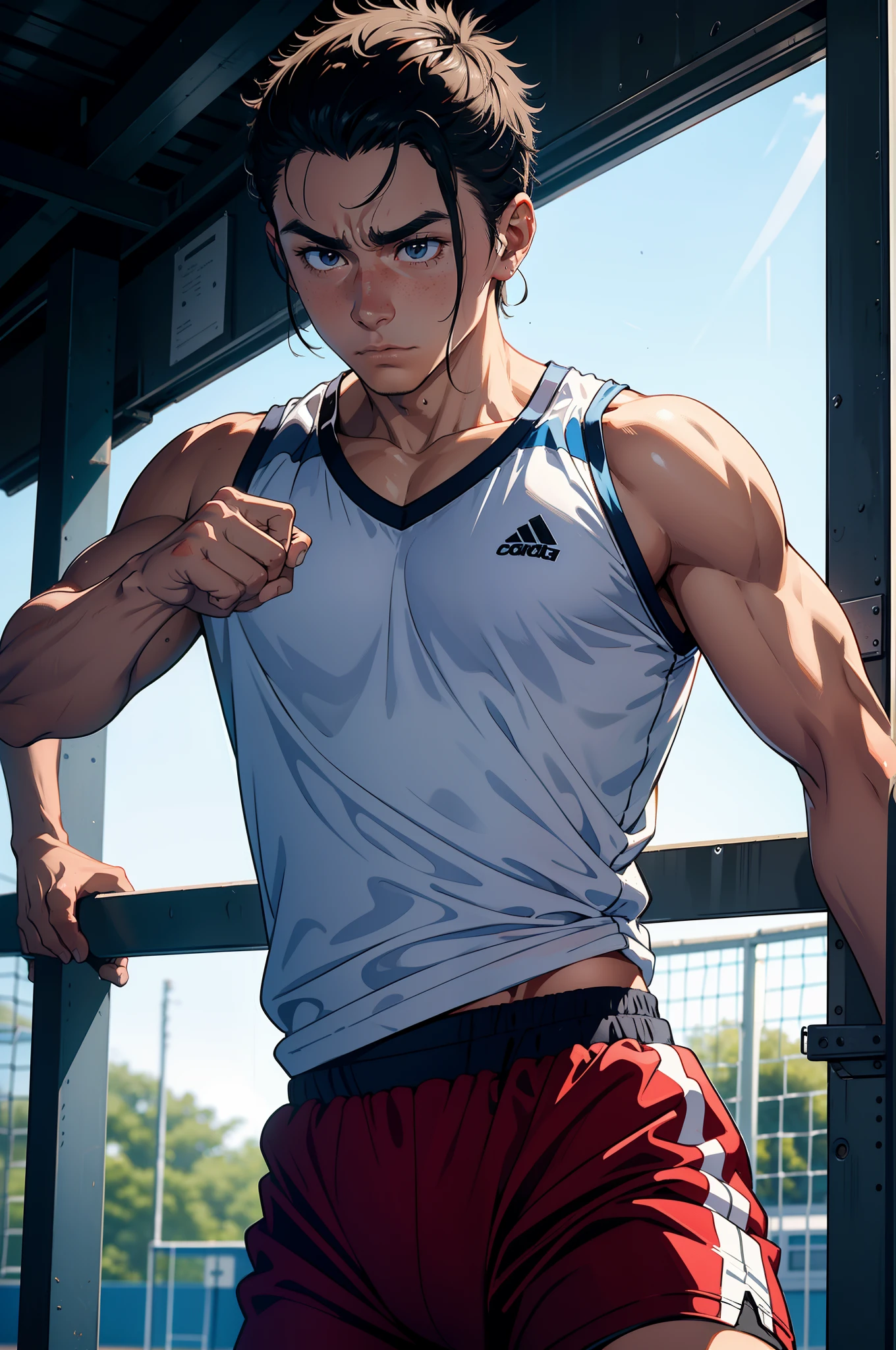 shirtless, super muscular, sweat-drenched body, 22-year old short black hair handsome caucasian male goalkeeper  wearing sweat-drenched white soccer shorts and shoes, playing soccer on the field
