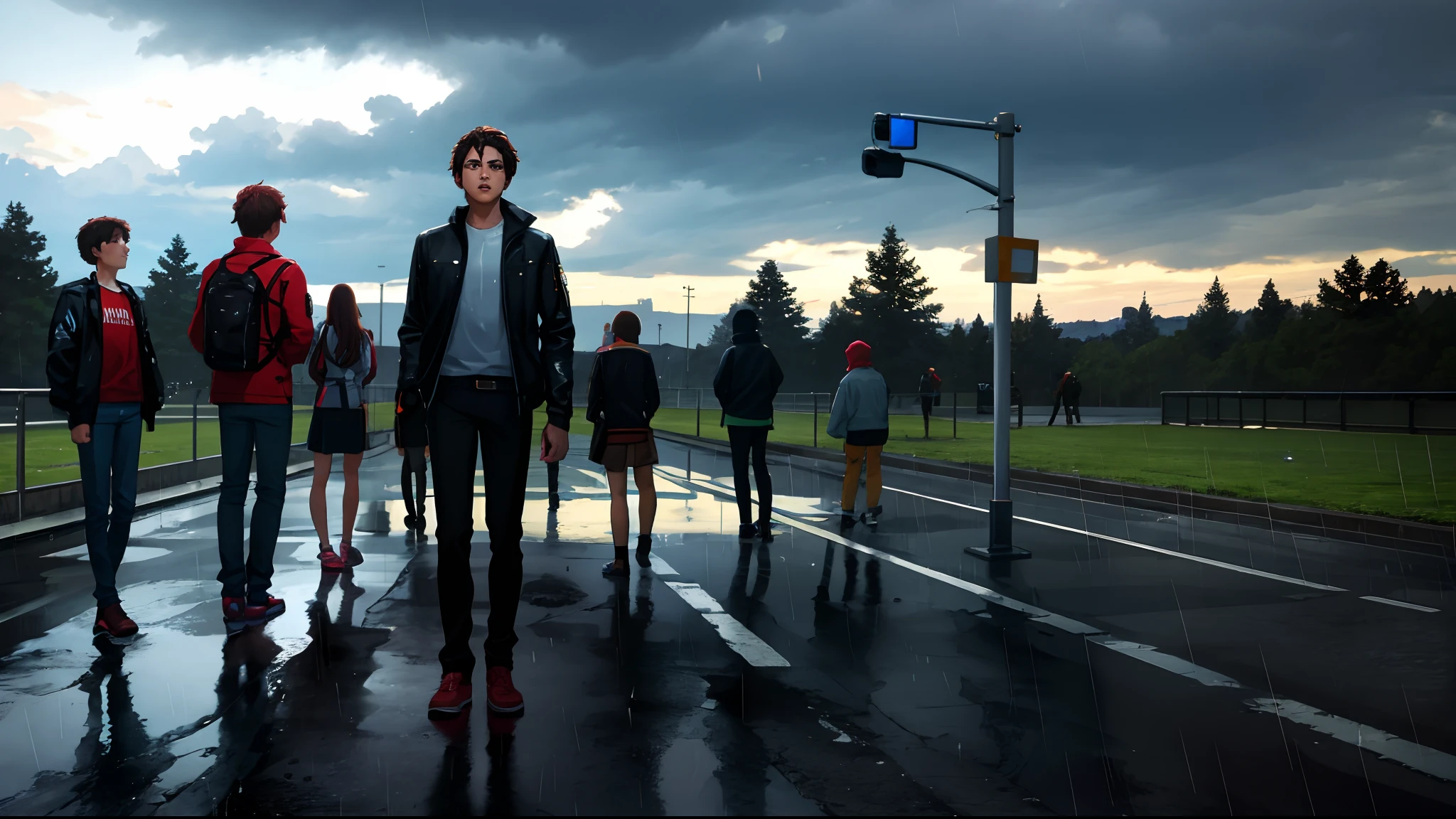 The teen was excluded from the park by a group of other kids, Cinematic, feeling of solitude, Anger, power, Realism, greg rutkovsky, Dark clouds, rain