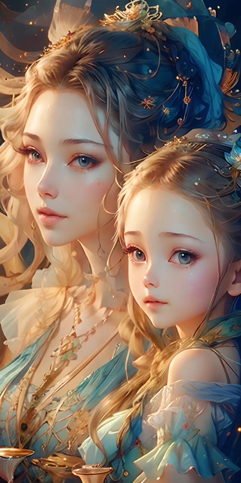 art by Vladimir Volegov,
Mother and daughter, ultra hd detailed painting beautiful faces and eyes, modern portrait, 
digital art

, Jean-Baptiste Monge style, bright, beautiful  , splash,  

, Glittering , cute and adorable,  filigree,  , rim lighting, lights, extremely ,  magic, surreal, fantasy, digital art, , wlop, artgerm and james jean,