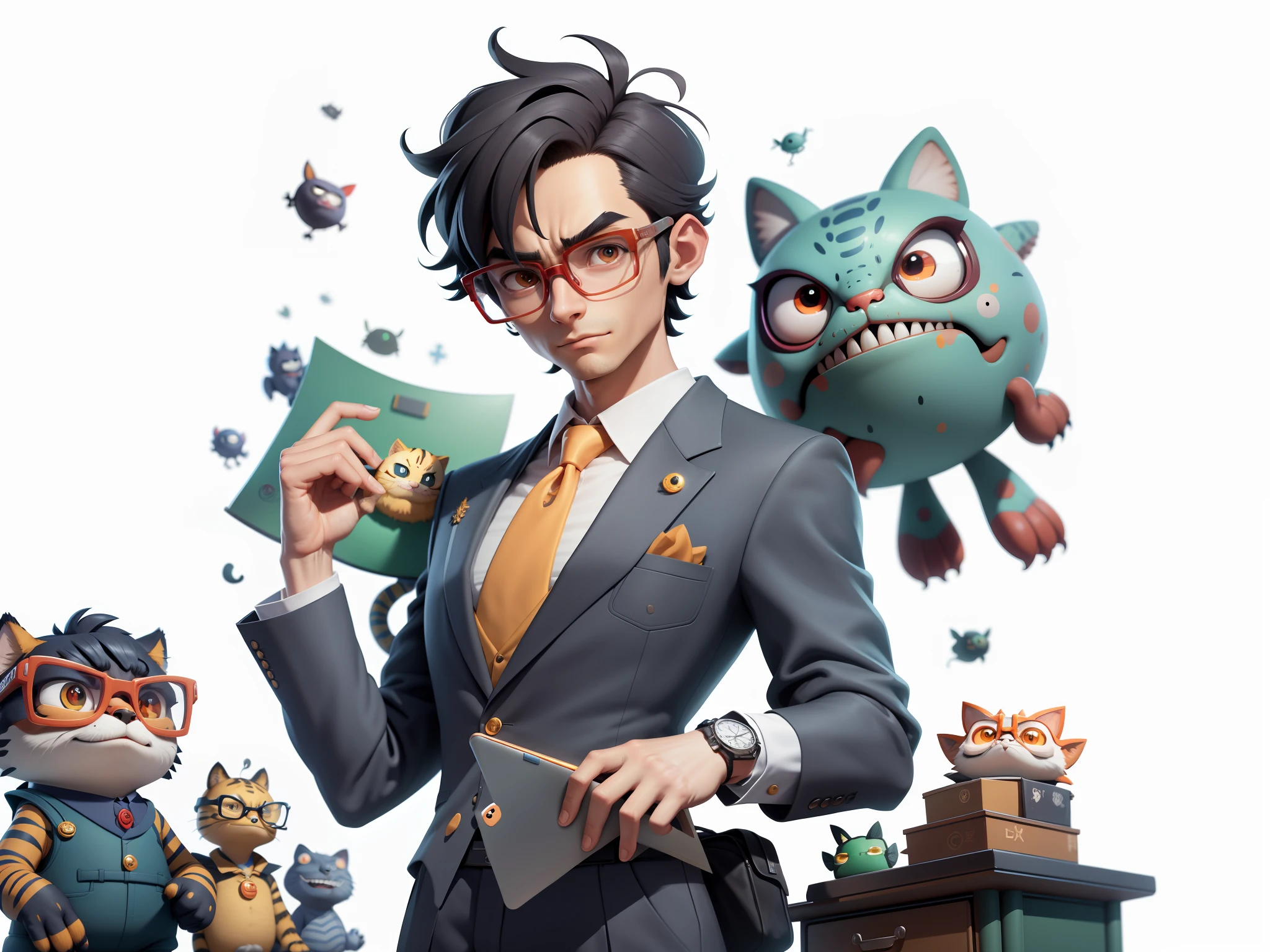 A young man in a suit, Short hair and glasses sat at his desk,holding laptop,digitial painting,tigre,3D character design by Mark Clairen and Pixar and Hayao Miyazaki and Akira Toriyama,4K HD illustration,Very detailed facial features and cartoon-style visuals。