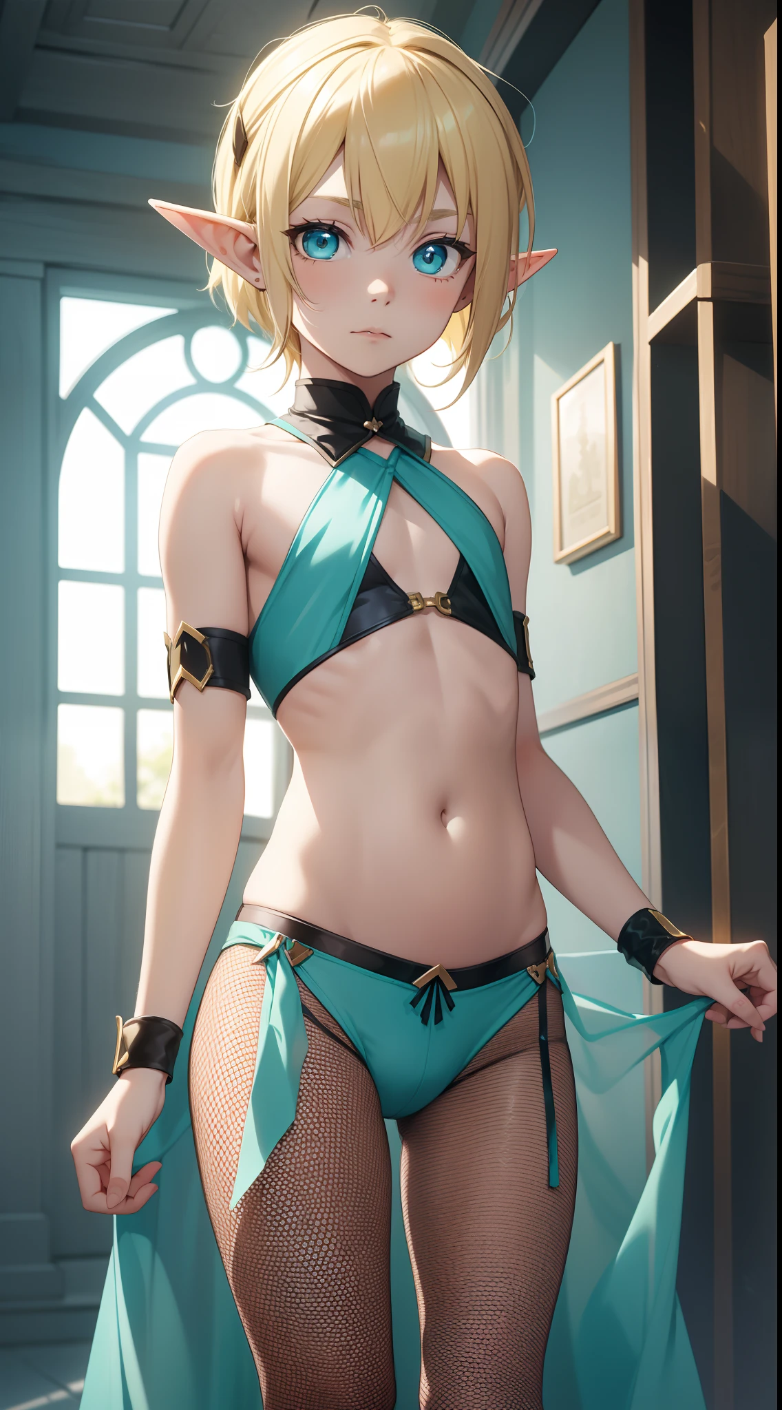 young boy, longue blonde hair, elf ears, turquoise eyes, Yellow in the upper right corner, short, Transparent, open belly, fishnet tights, Masterpiece, hiquality