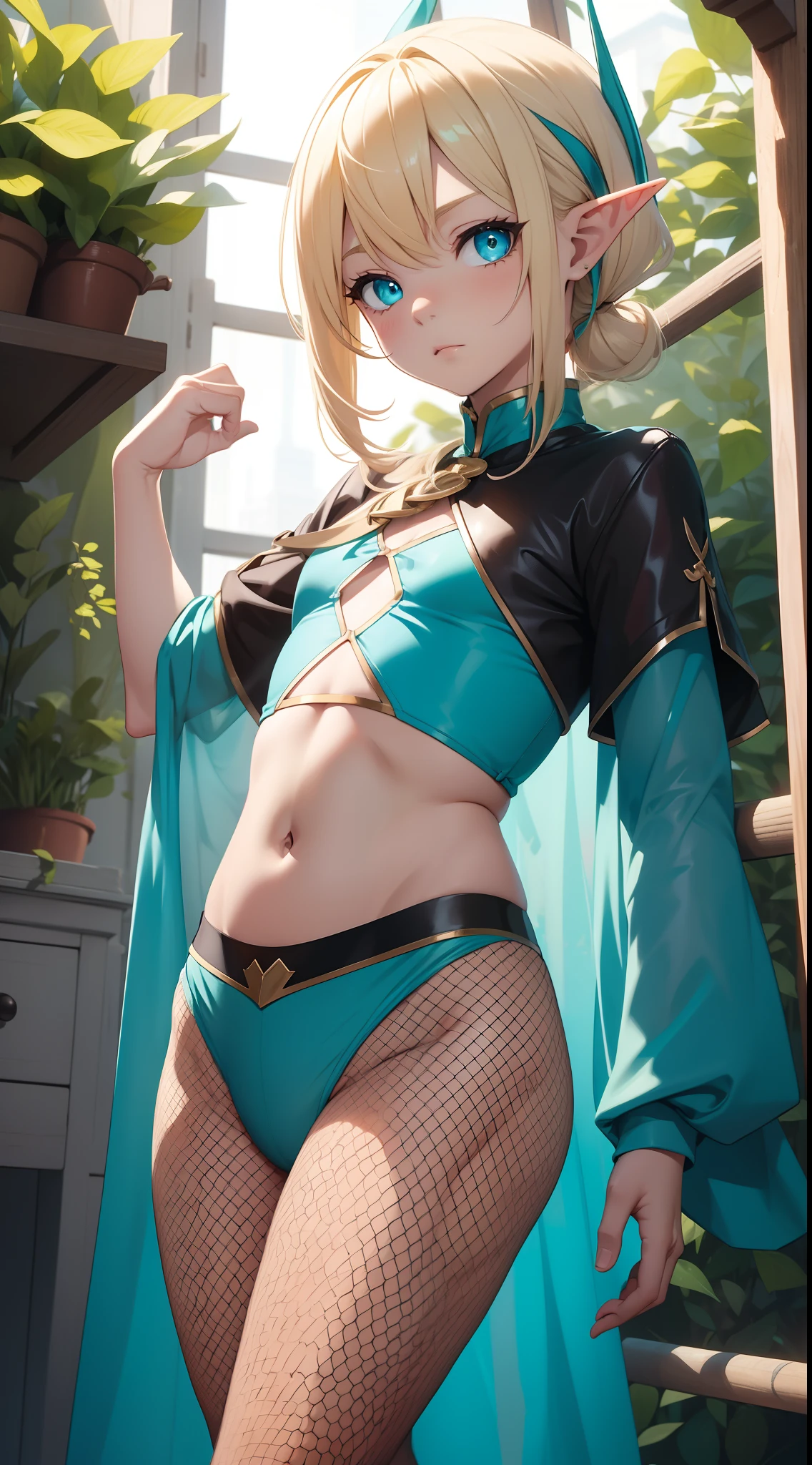 young boy, longue blonde hair, elf ears, turquoise eyes, Yellow in the upper right corner, short, Transparent, open belly, fishnet tights, Masterpiece, hiquality