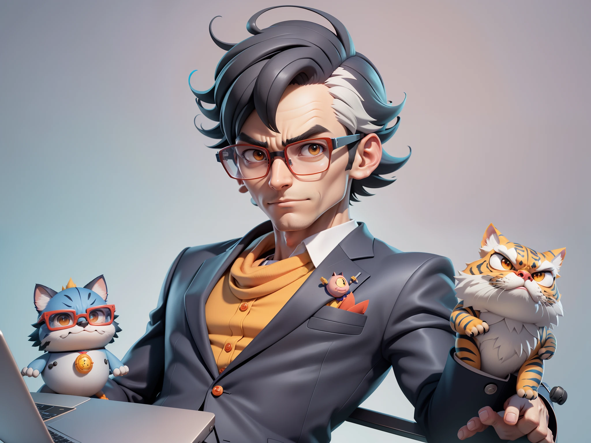 A young man in a suit, Short hair and glasses sat at his desk,holding laptop,digitial painting,tigre,3D character design by Mark Clairen and Pixar and Hayao Miyazaki and Akira Toriyama,4K HD illustration,Very detailed facial features and cartoon-style visuals。