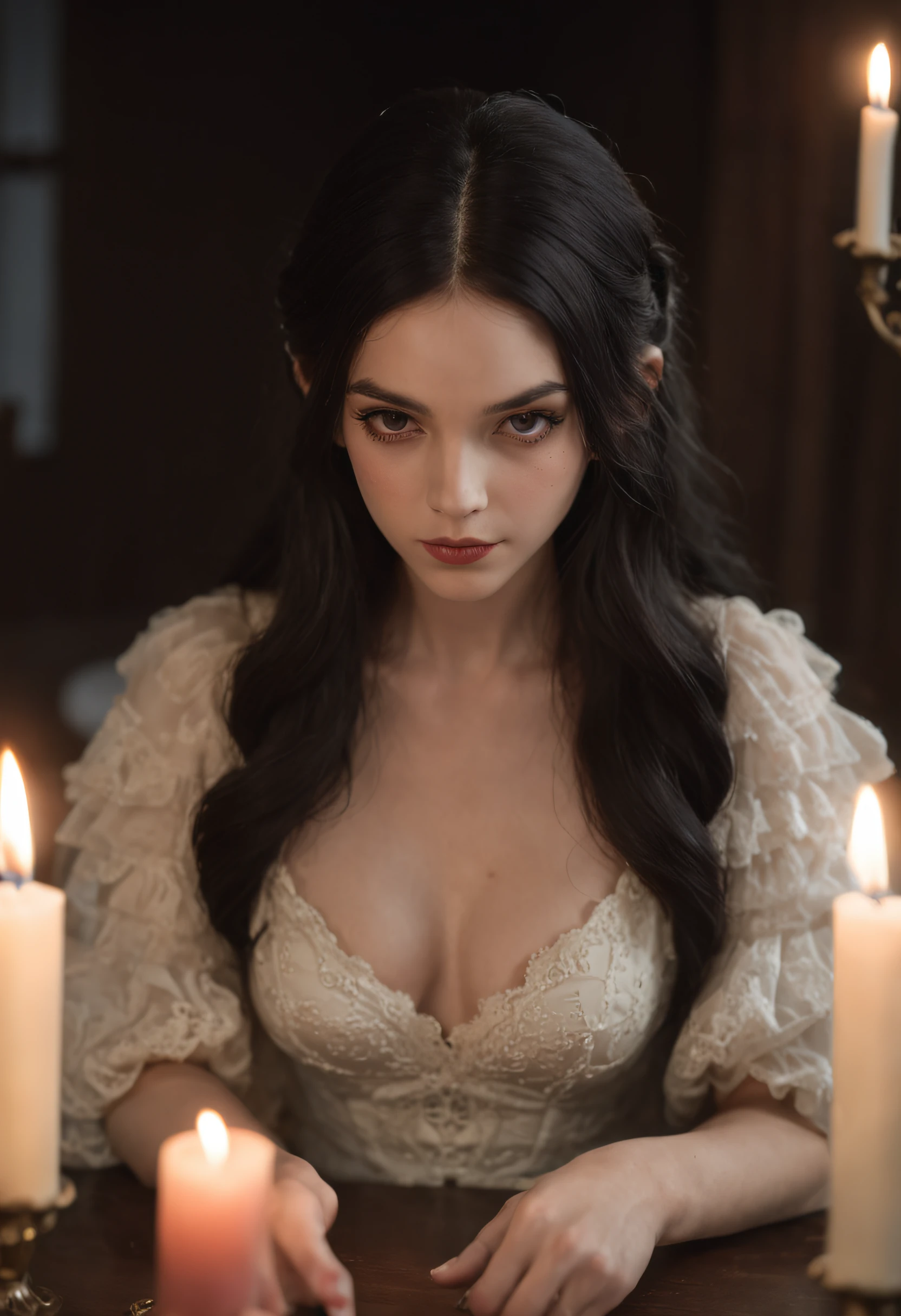 ((melhor qualidade)), ((master piece)), ((Perfect face)), one innocent girl with black hair, using white flawlless dress, kneewing in front a lower table, holding a candle, doing a satanic ritual, chilling lights, a monster in the shadows of the room