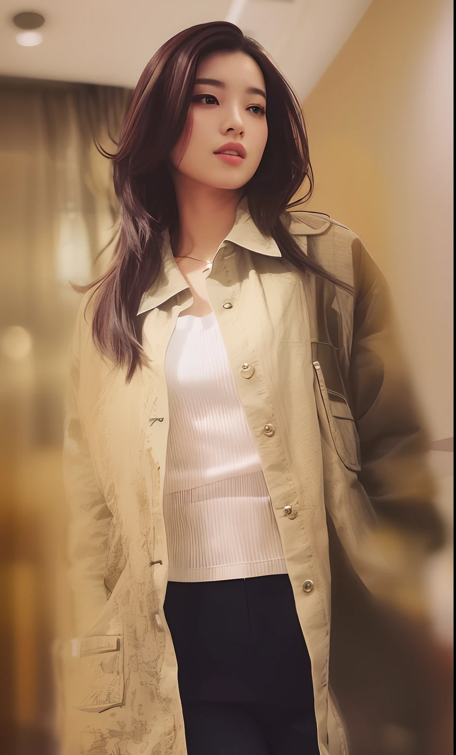 There was a woman standing in a room，Wear a jacket, bae suzy, advertisement picture, cropped shirt with jacket, Attractive girl, chiho, tsubasa nakai's style, wearing a jacket, styling, nishihara isao, outfit photograph, rena nounen style 3/4, Handsome girl, with a lovely appearance, Japanese clothes, Jacket