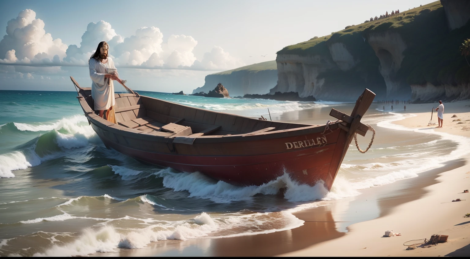 Jesus on the beach with broken boat lesson in the disciples, Foto realista, homem bonito
