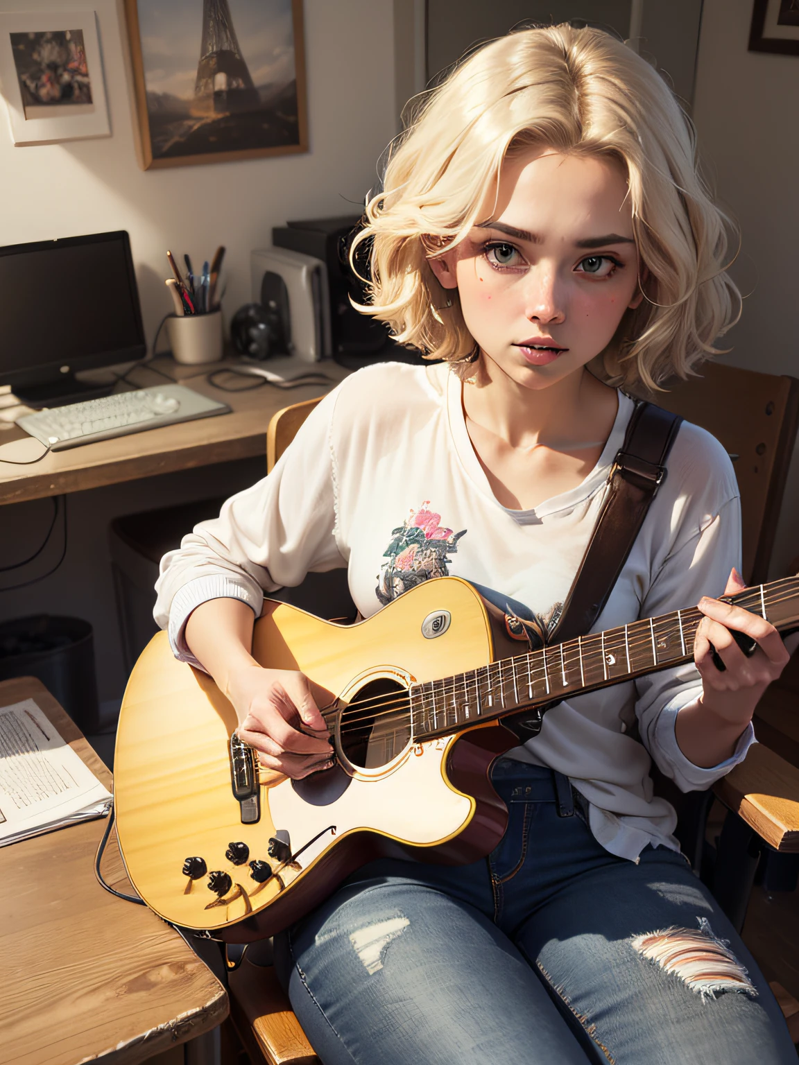 here is a short culy haired blond woman waering a jeans and a white shirt, ] sitting on a CHAIR IN A ROOM PLAYING GUITTAR, emma peters,ema peter singer promo art, ( ( emma lindstrom ) ), by Emma Andijewska, album art cover, by Joe de Mers, new album cover, album cover!, by Eric Peterson, victoria siemer, album cover, by Amelia Peláez, emma uber