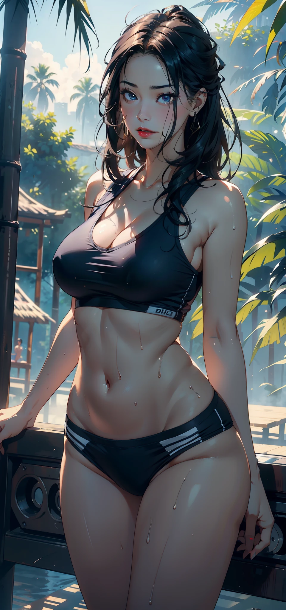 1female,36 years old,熟妇,mature,Bigchest,Big breasts Thin waist,long leges,Raised sexy,Pornographic exposure, 独奏,(Background with:bamboo forrest,basketball playground) She has very short black hair,standing on your feet,Sweat profusely,drenched all over the body,seen from the front, hair straight, mostly cloudy sky,(((tmasterpiece),(Very detailed CG unity 8K wallpaper),best qualtiy,cinmatic lighting,detailed back ground,beatiful detailed eyes,Bright pupils,(Very fine and beautiful),(Beautiful and detailed eye description),Black eyes,Redlip,ultra - detailed,tmasterpiece,)),facing at camera,(The upper part of the body),A high resolution,ultra - detailed),revealing breasts,Bare genitalia, Bulge,legs are open,sexyposture,Camel toes,Flushed complexion,Open-mouthed,frontage,,(Wearing:Blue basketball sportswear set,athletic sneakers)