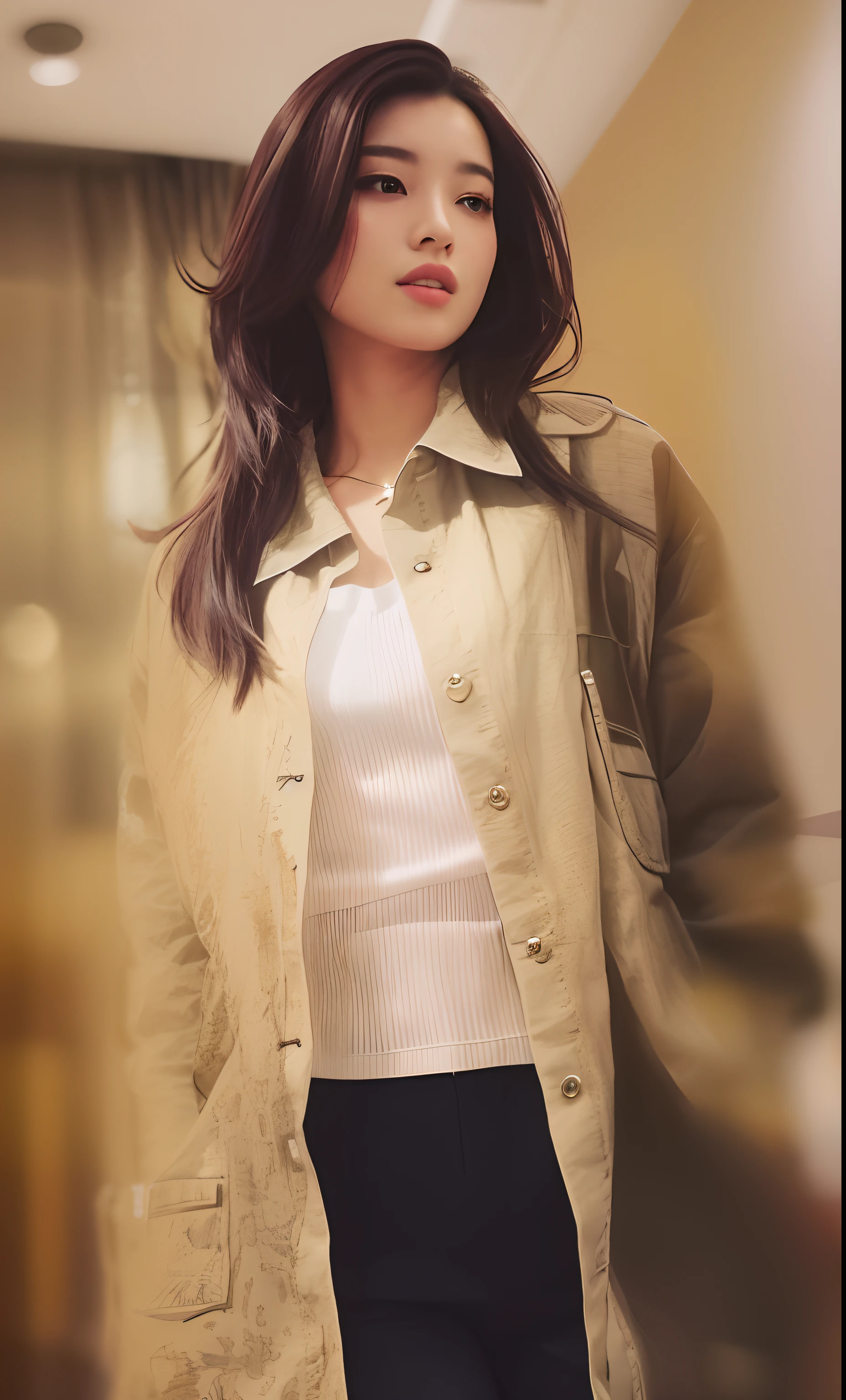 There was a woman standing in a room,Wear a jacket, bae suzy, advertisement picture, cropped shirt with jacket, Attractive girl, chiho, tsubasa nakai's style, wearing a jacket, styling, nishihara isao, outfit photograph, rena nounen style 3/4, Handsome girl, with a lovely appearance, Japanese clothes, Jacket