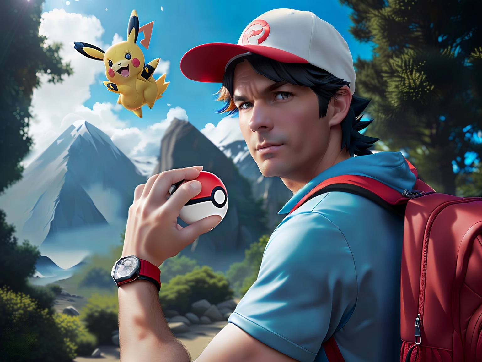 rick astley as pokemon trainer, pokemon in the wild, illustration pokemon, key art, promotional art, ash ketchum, pokémon, pokemon, pokemon cap, official art, a hyper realistic, adventure hyper realistic render, new pokemon, official artwork, misty, john park, fan art, pokemon inspired, detective pikachu