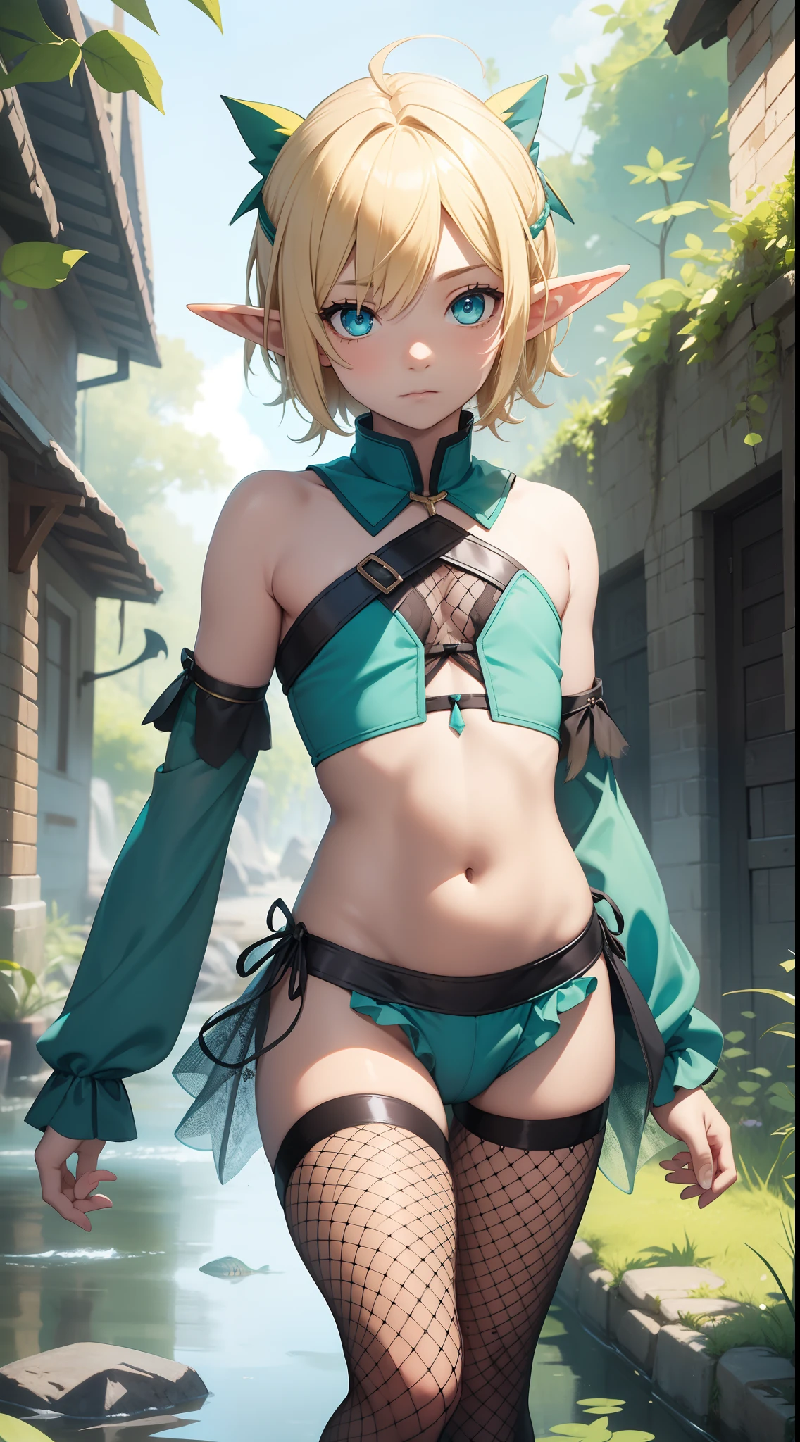 young boy, longue blonde hair, elf ears, turquoise eyes, Yellow in the upper right corner, short, Transparent, open belly, fishnet tights, Masterpiece, hiquality