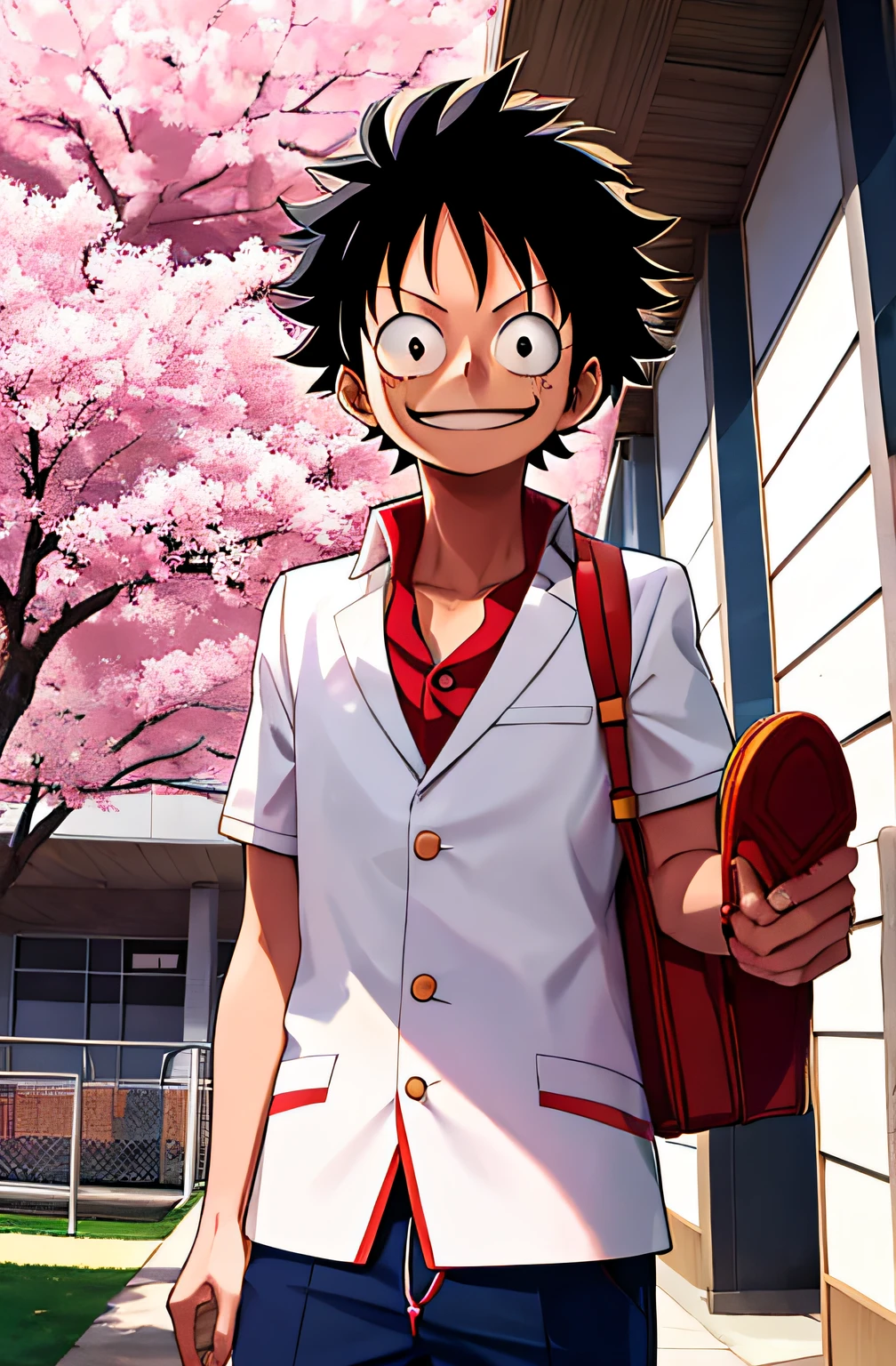 "Kohei Horikoshi art style, Monkey D. Luffy, UA student, standing outside the school, vibrant sunny day, cherry blossoms, dramatic lighting, cinematic, smiling."