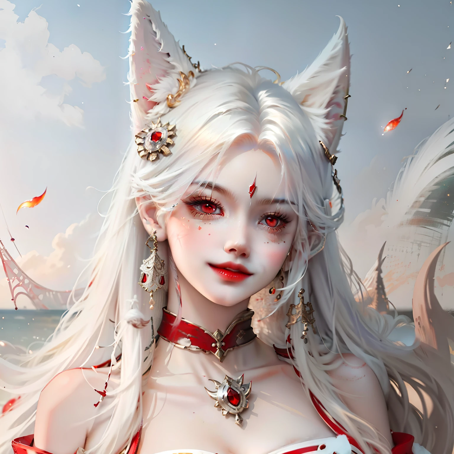 White-haired girl with a captivating smile and mesmerizing red eyes, adorned with charming fox ears.