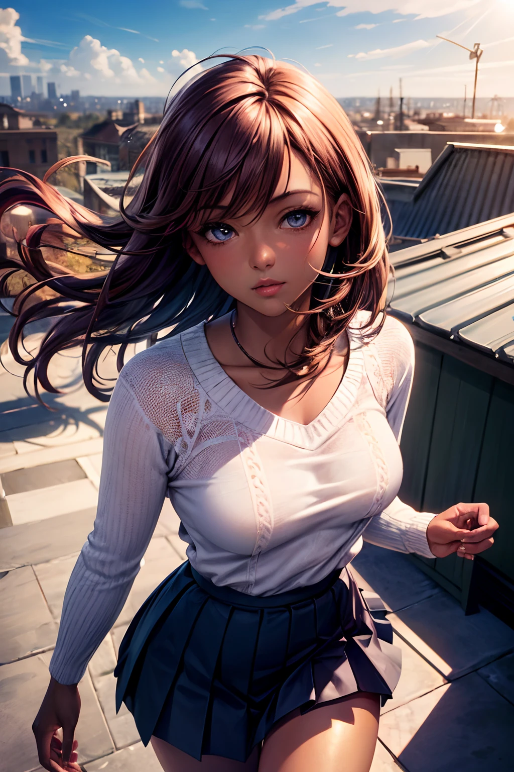 masterpiece, best quality, ultra-detailed, photorealistic, illustration,(1girl),beautiful detailed eyes, wind blowing, rooftop, (sunlight:1.2), (from above:1.1), auburn hair, cute, medium breasts, dark skin, dark tanned skin, plum colored sweater, pleated skirt, pantyhouse