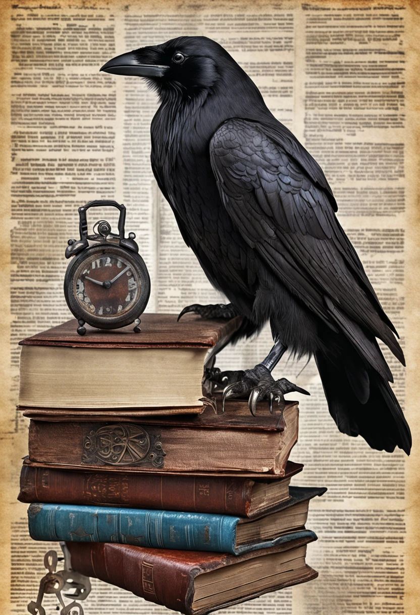 Raven Sitting On A Stack Of Old Books On A Gothic Styled Desk With Steampunk Instruments
