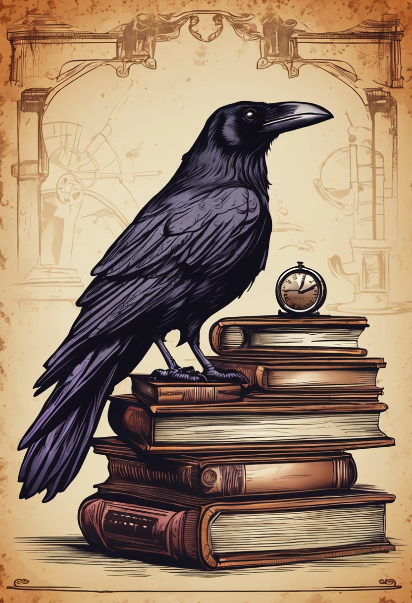 Raven Sitting On A Stack Of Old Books On A Gothic Styled Desk With Steampunk Instruments