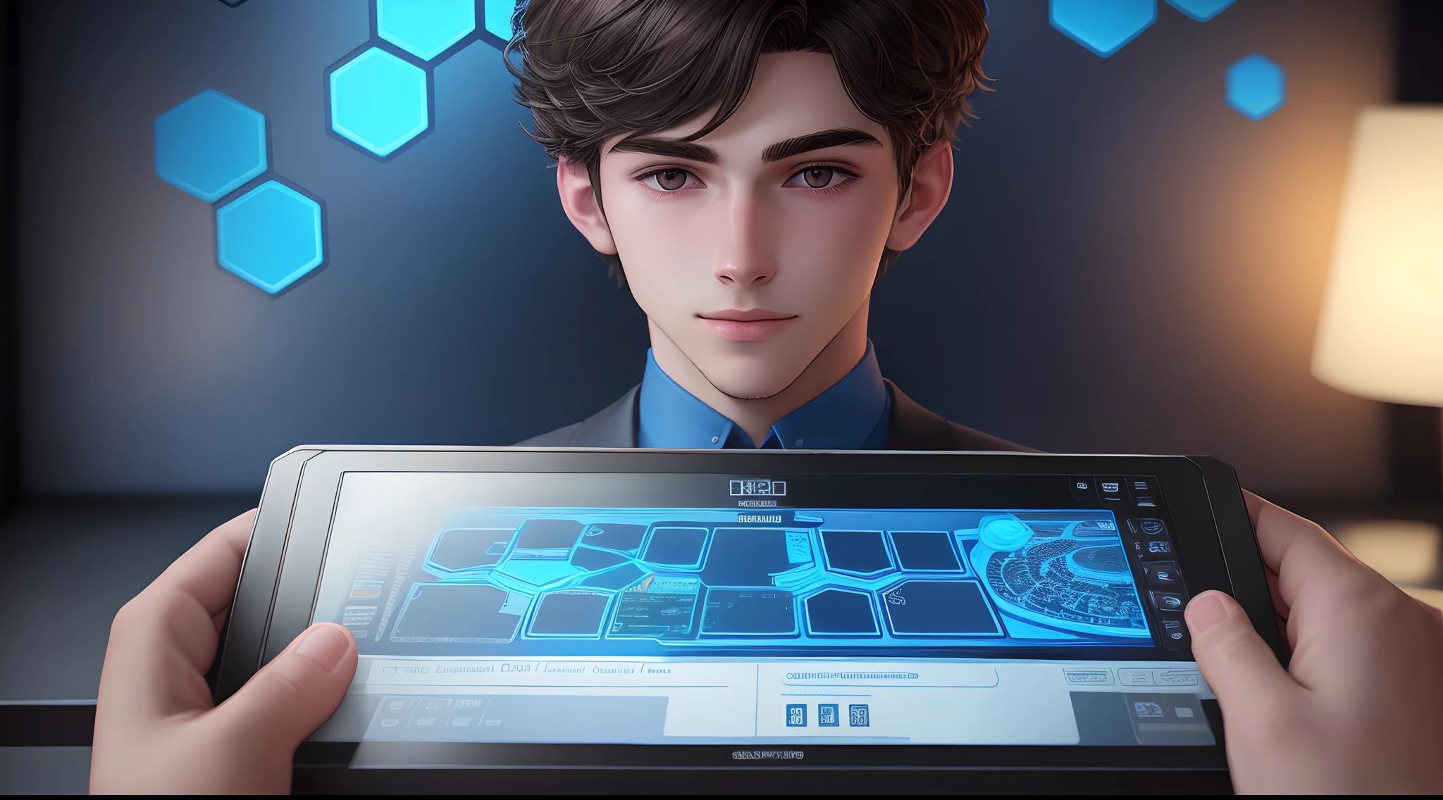A close-up fantasy scene of a young man pressing a button on a control panel full of details in front of a wall made up of transparent and blue regular hexagonal cells in a spacious room