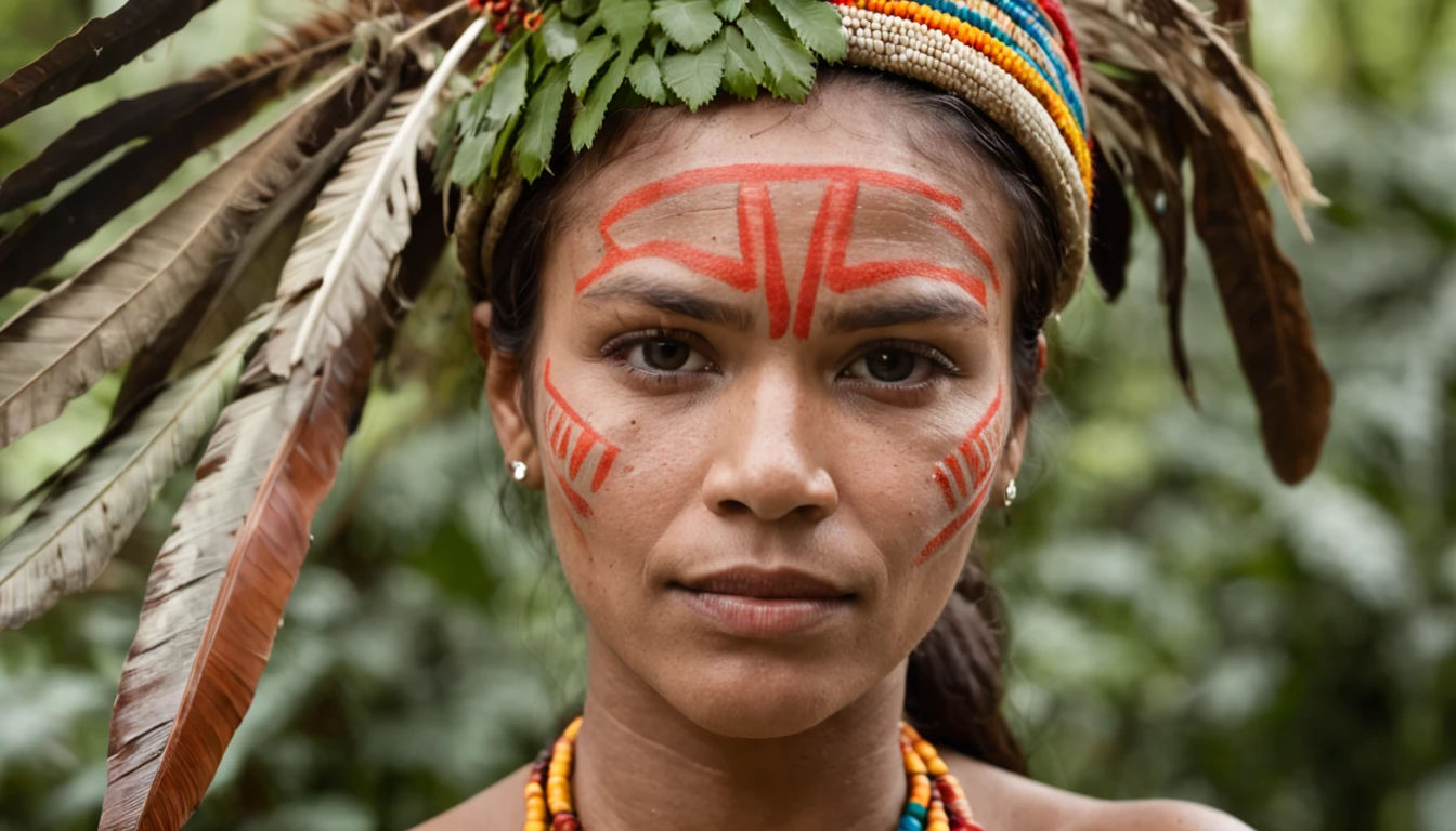 crie um retrato de uma mulher indigena, com fundo mostrando a selva amazonica