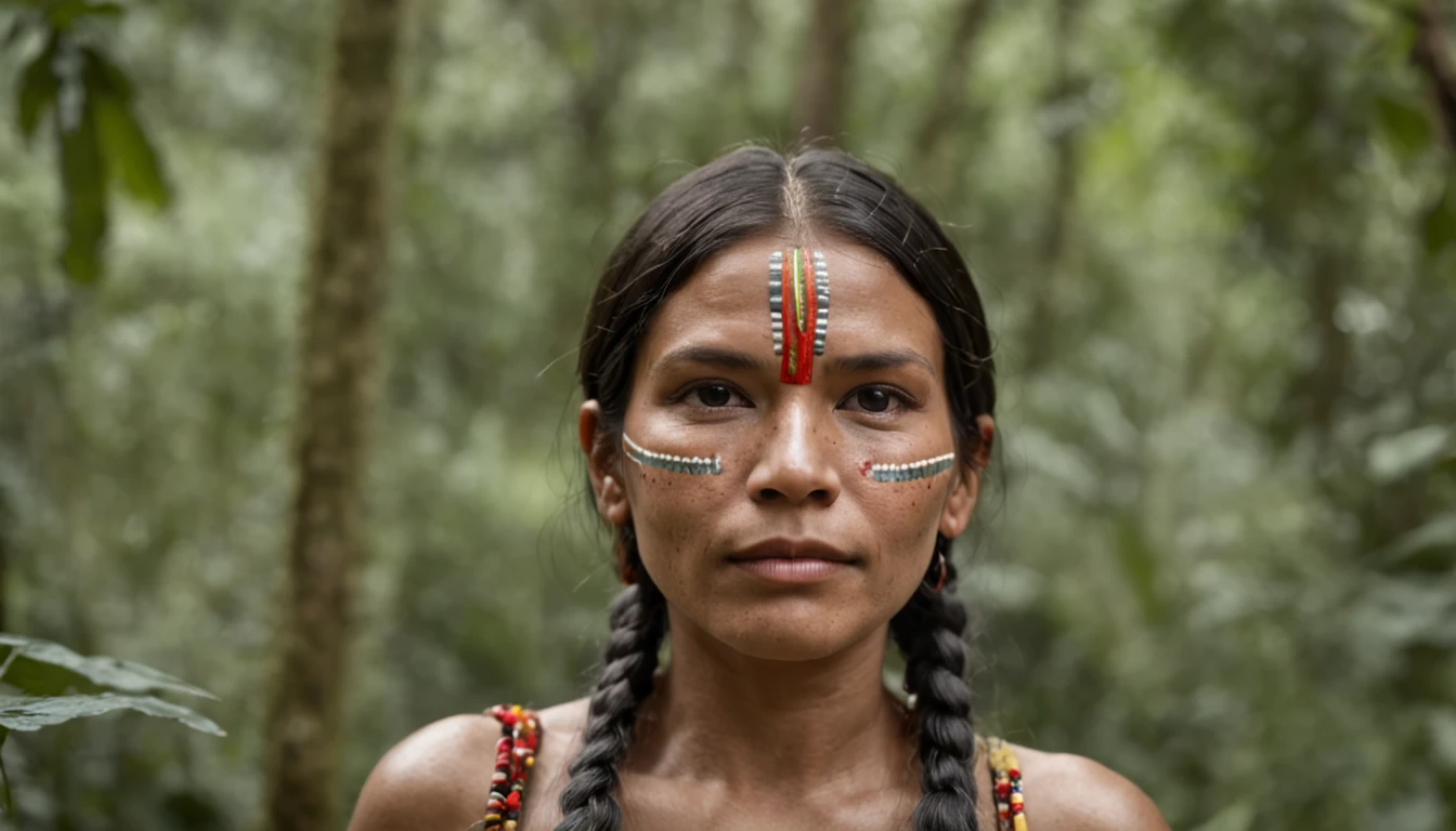 crie um retrato de uma mulher indigena, com fundo mostrando a selva amazonica