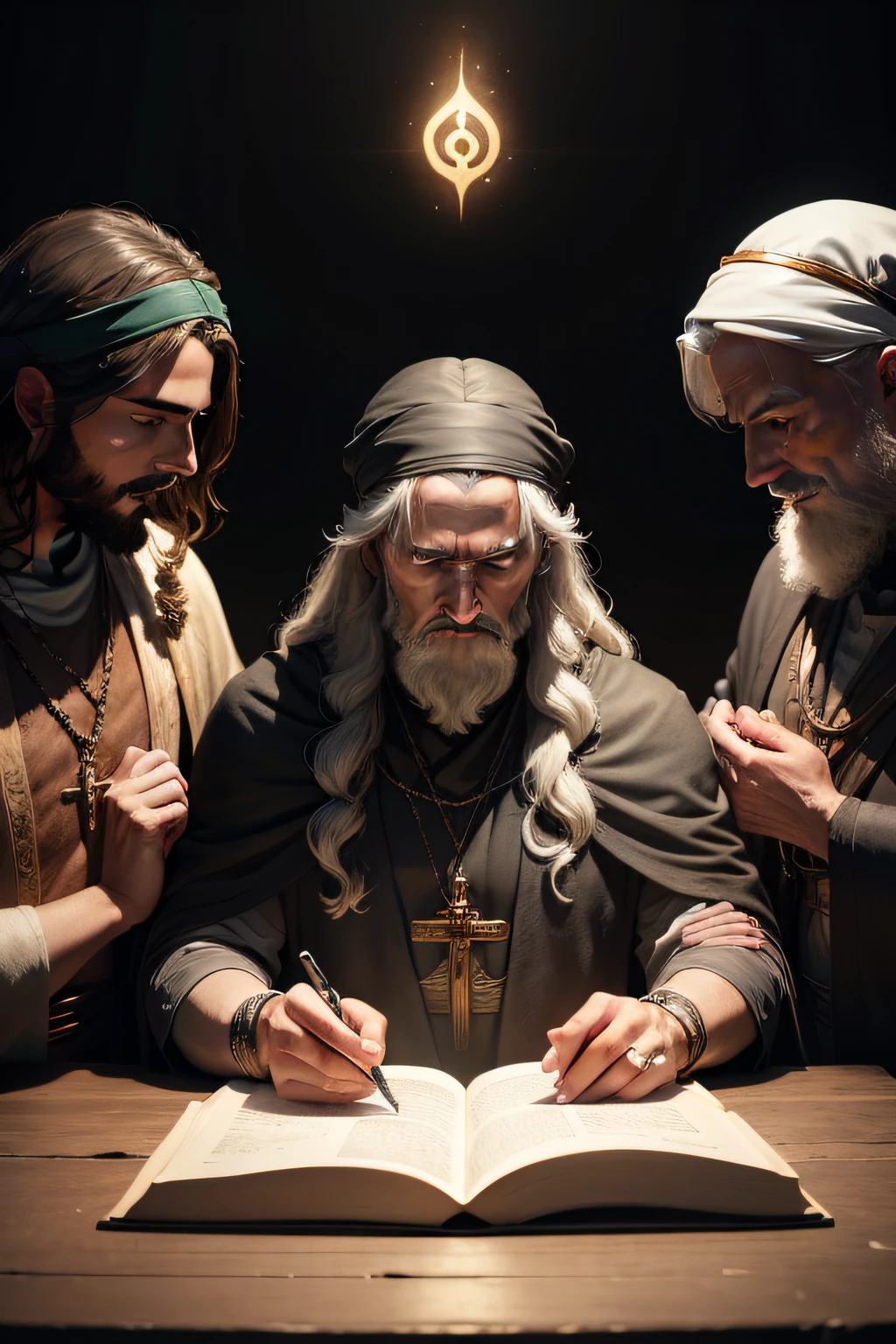 "Por favor, create a visual representation of the three men in the Bible who, segundo as escrituras, nunca experimentaram a morte: Enoque, Elias e Melquisedeque. Produza uma imagem que retrate cada uma dessas figuras de maneira distinta, incorporating biblical details and symbolism associated with each. Give life to these characters according to the descriptions present in the sacred texts, capturing the unique aura of immortality that surrounds them."