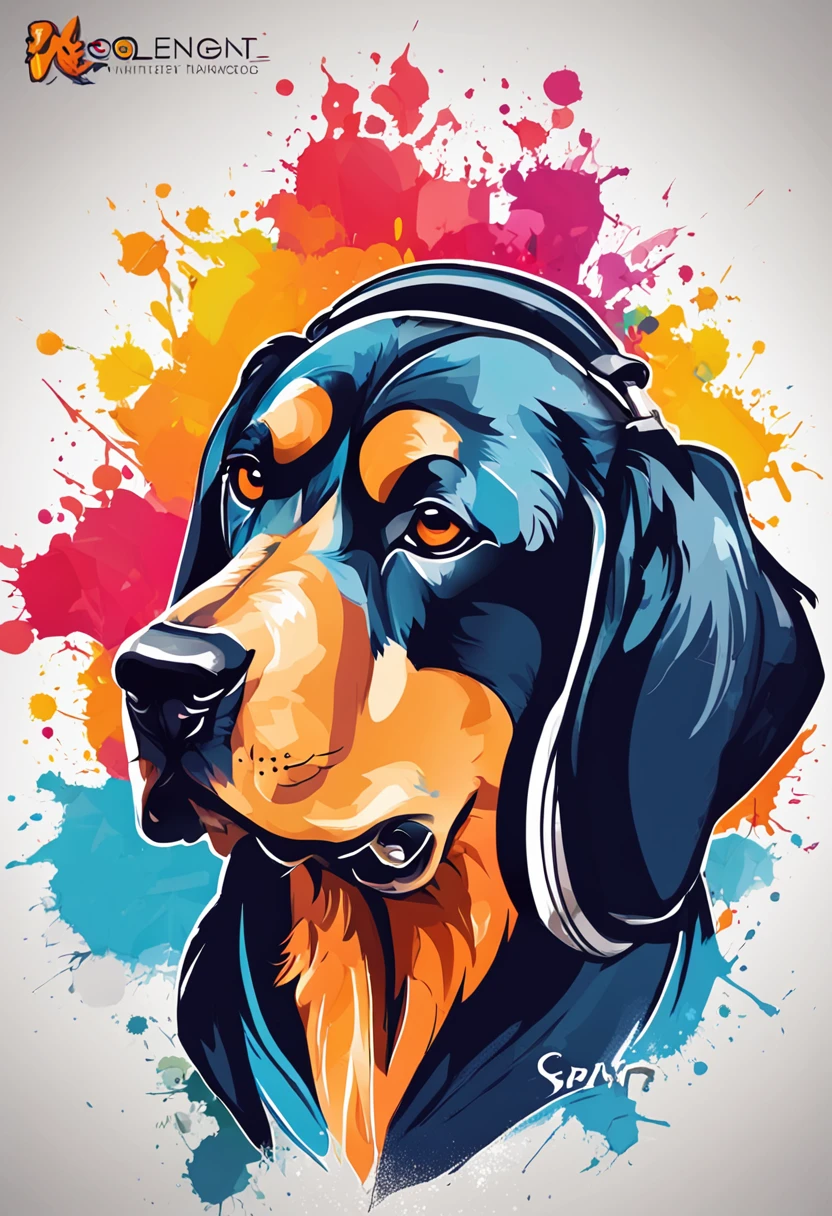 colorful logo, minimalist logo illustration of vector art of a rottweiler head, wearing a headphone, ears down, front facing, magic, sharp design, smooth, monochromatic colorful, dark magic colorful paint splash, t-shirt design, in the style of Studio Ghibli, The design should be in vector art, showcasing the dog. Use Adobe Illustrator to craft the logo with crisp lines and a simple yet captivating look. Keep the design centered on the dog eyes, capturing their uniqueness and charm. The logo should evoke a sense of sophistication and tranquility. Emphasize a low-poly style to add a touch of uniqueness to the whiskers. The overall aesthetic should be sleek and stylish, making it suitable for branding and logo purposes, black background